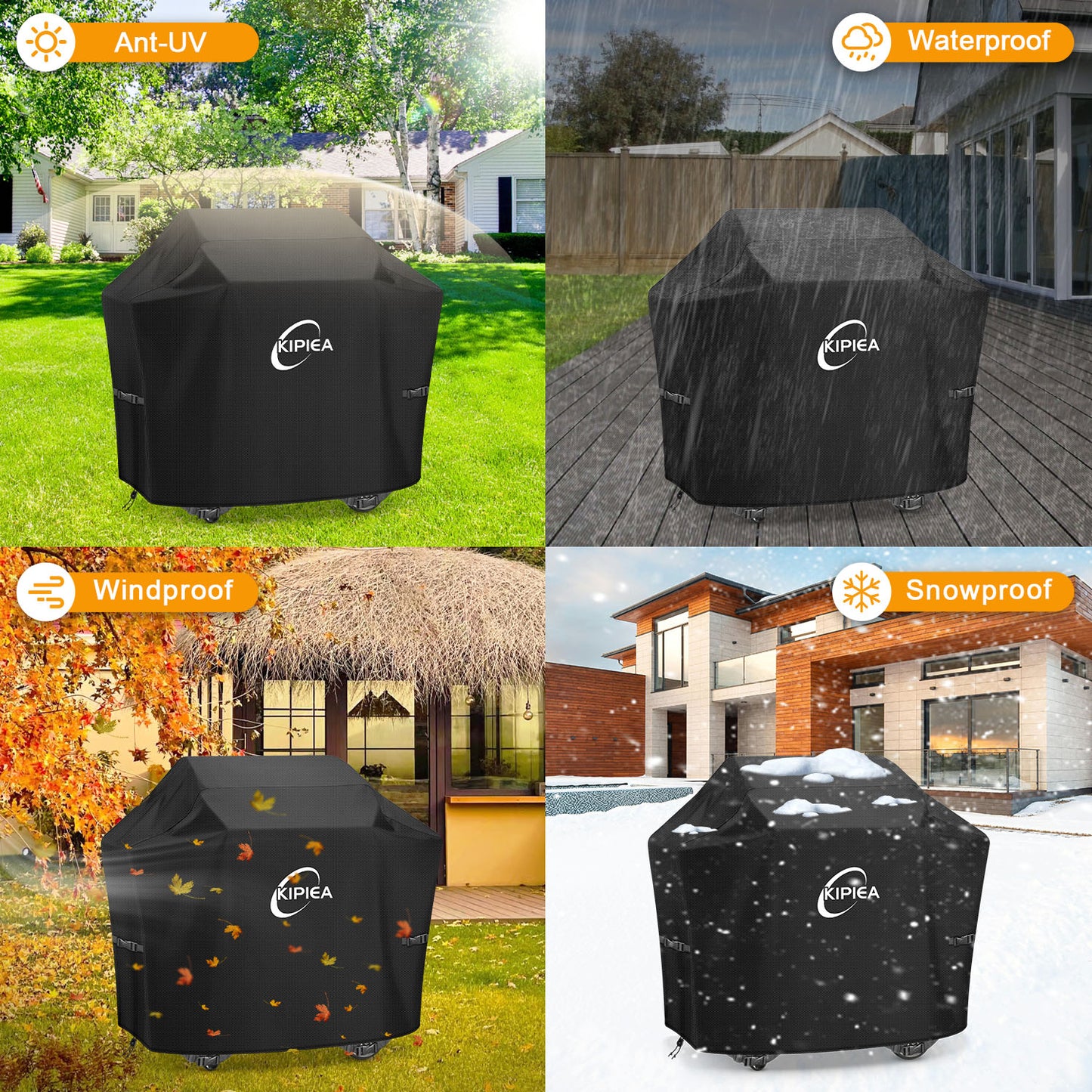 Kipiea 600D BBQ Cover 52 Inch, Heavy Duty Grill Cover with 4 Windproof Buckles, Waterproof and UV Resistant, Fits Most Gas and Charcoal Grills