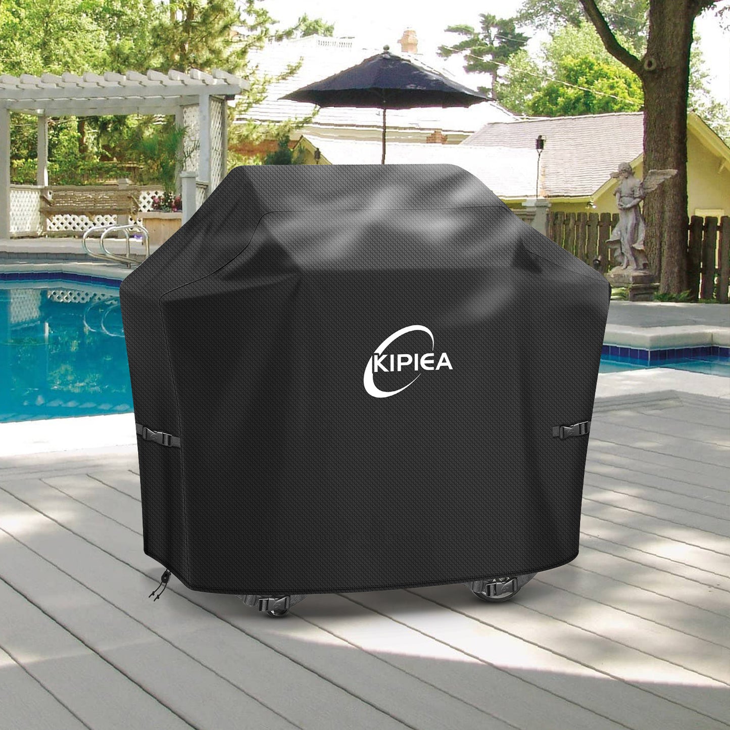 Kipiea 600D BBQ Cover 52 Inch, Heavy Duty Grill Cover with 4 Windproof Buckles, Waterproof and UV Resistant, Fits Most Gas and Charcoal Grills