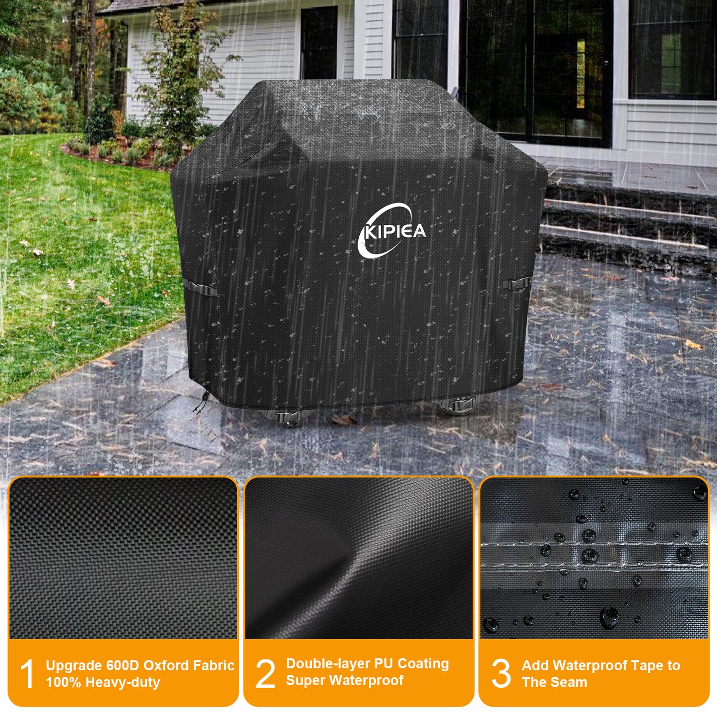 Kipiea 600D BBQ Cover 52 Inch, Heavy Duty Grill Cover with 4 Windproof Buckles, Waterproof and UV Resistant, Fits Most Gas and Charcoal Grills