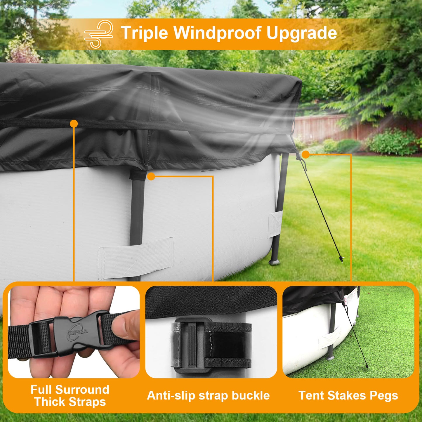 Kipiea 500D Above Ground Pool Cover with Full Surround Straps and 6 Wind-Resistant Buckles for Round Above Ground Pool Cover, Winter Pool Cover, Solar Pool Cover, etc.