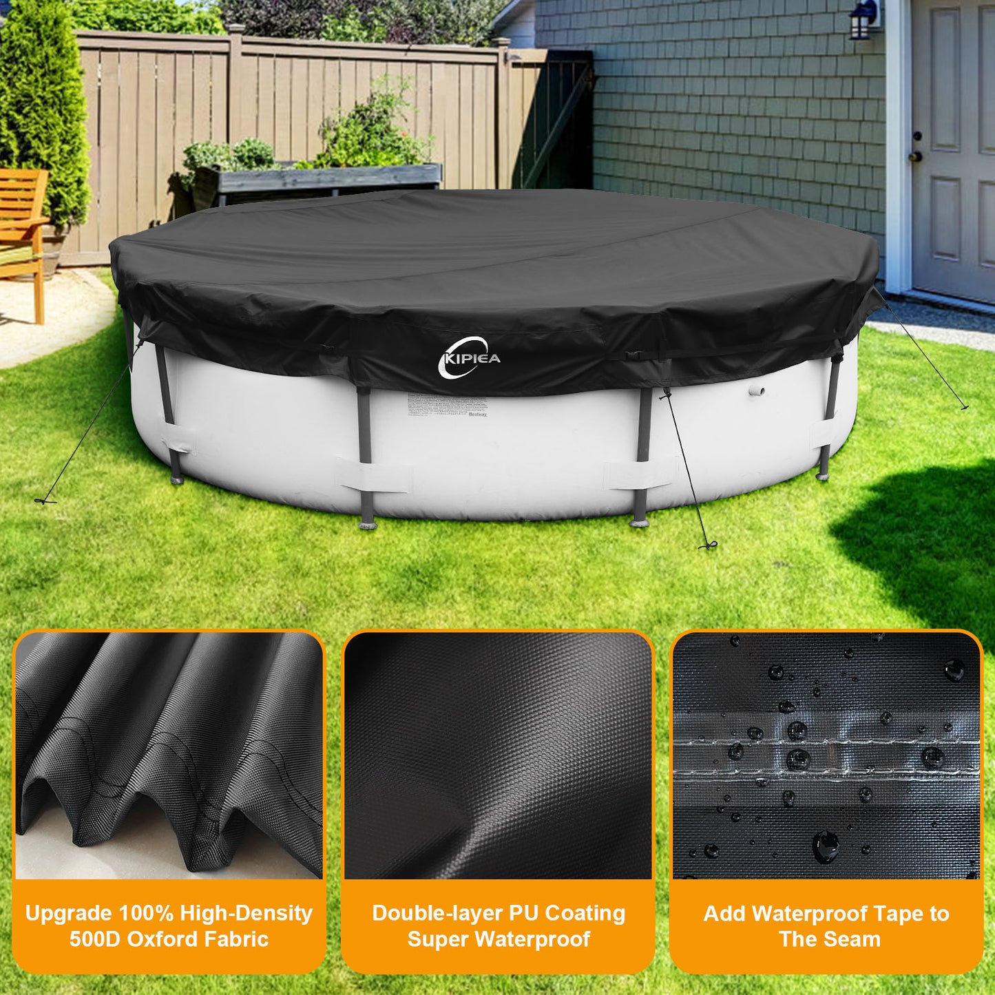 Kipiea 500D Above Ground Pool Cover with Full Surround Straps and 6 Wind-Resistant Buckles for Round Above Ground Pool Cover, Winter Pool Cover, Solar Pool Cover, etc.