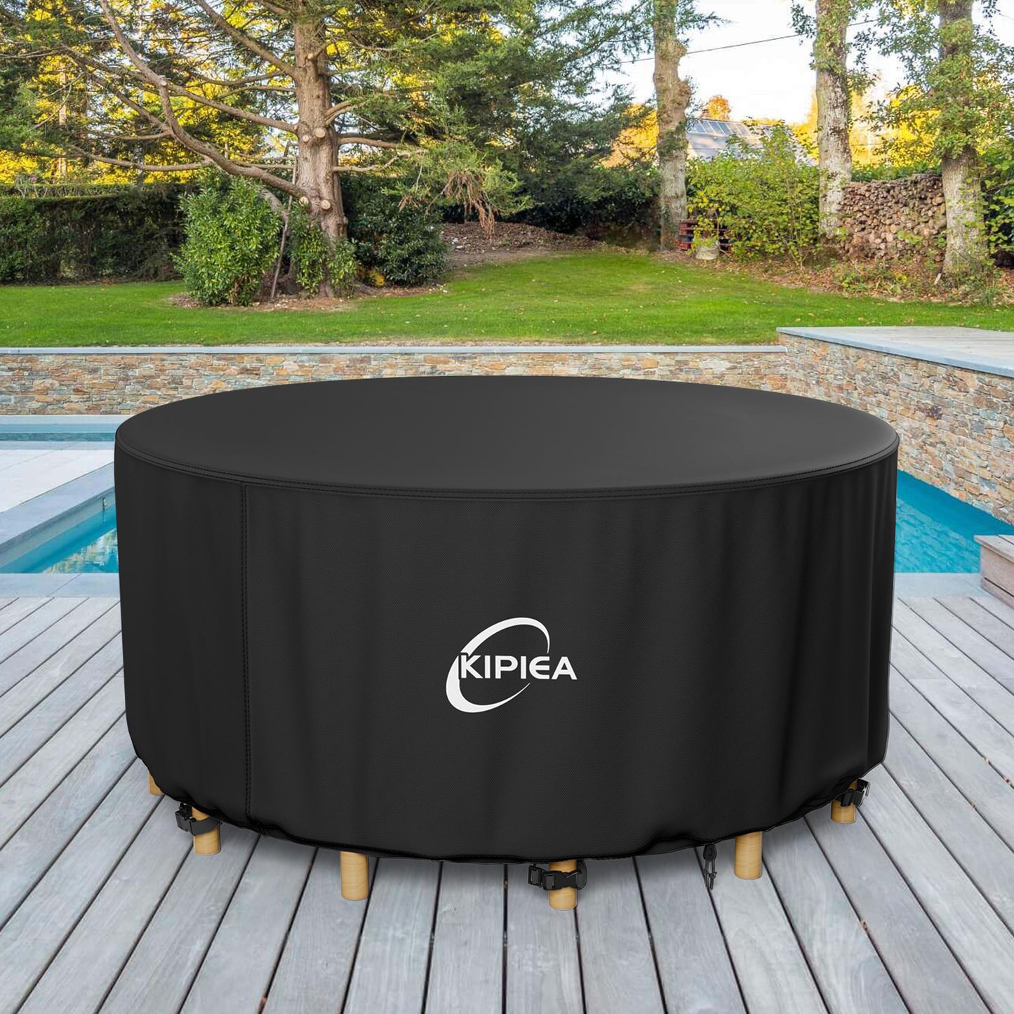 Kipiea Patio Table Cover, Round Patio Furniture Covers Waterproof Winter, 420D Heavy-Duty Outdoor Furniture Covers with Anti UV and No Tears, No Fading