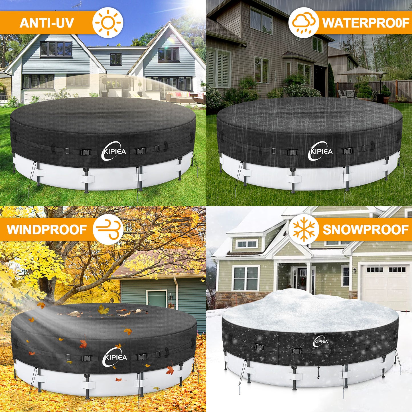 Kipiea 500D Above Ground Pool Cover with Full Surround Straps and 6 Wind-Resistant Buckles for Round Above Ground Pool Cover, Winter Pool Cover, Solar Pool Cover, etc.