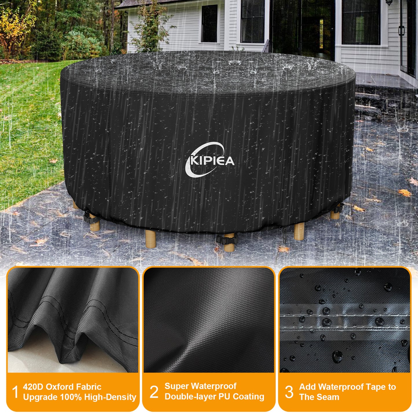 Kipiea Patio Table Cover, Round Patio Furniture Covers Waterproof Winter, 420D Heavy-Duty Outdoor Furniture Covers with Anti UV and No Tears, No Fading