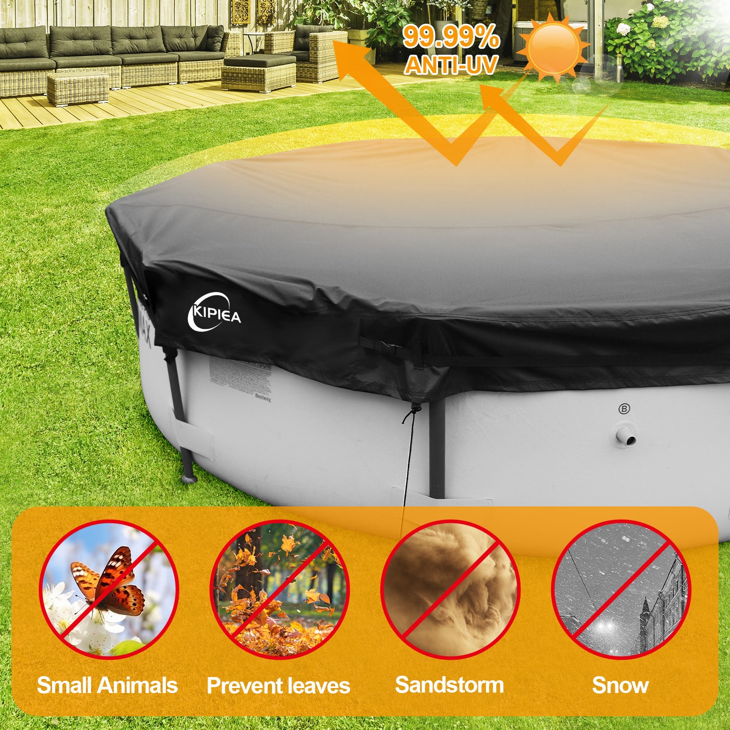 Kipiea 500D Above Ground Pool Cover with Full Surround Straps and 6 Wind-Resistant Buckles for Round Above Ground Pool Cover, Winter Pool Cover, Solar Pool Cover, etc.