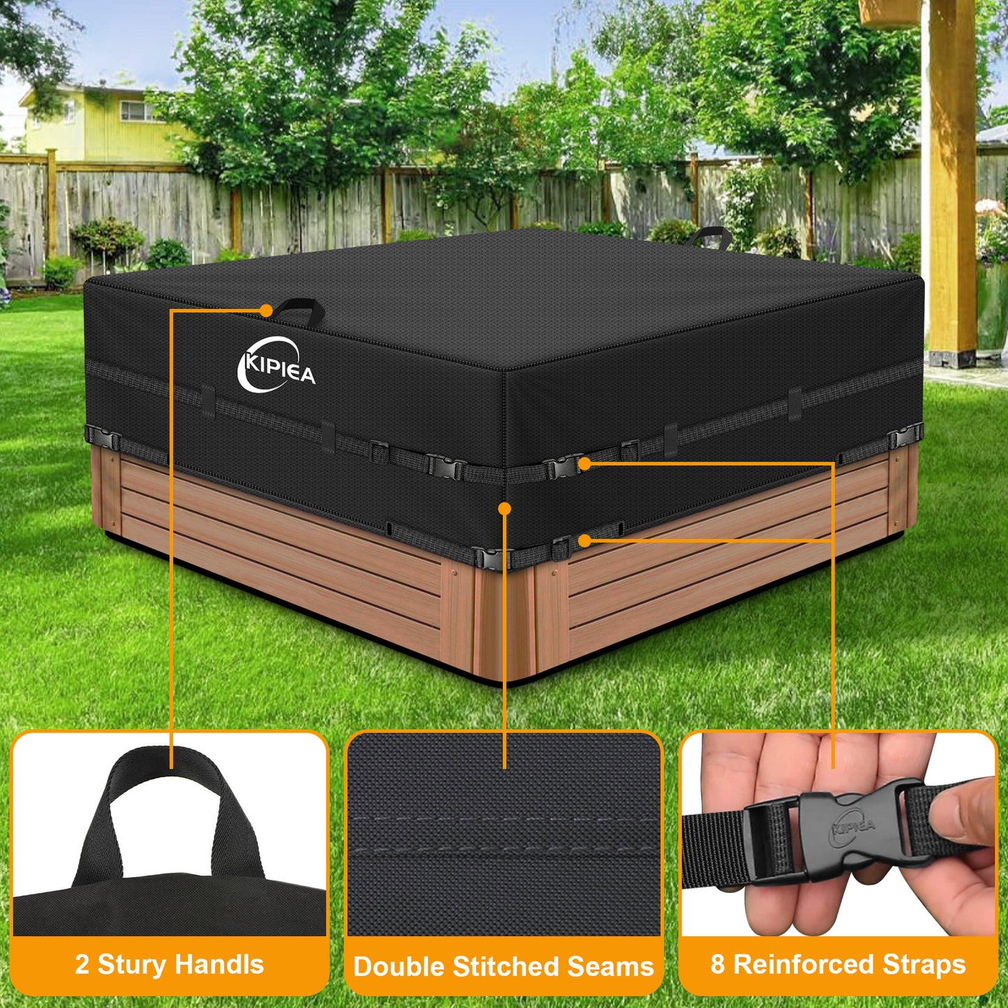 Kipiea 600D Outdoor Waterproof Square Hot Tub Cover Protector, Heavy Duty Polyester SPA Cover UV Protection Cover