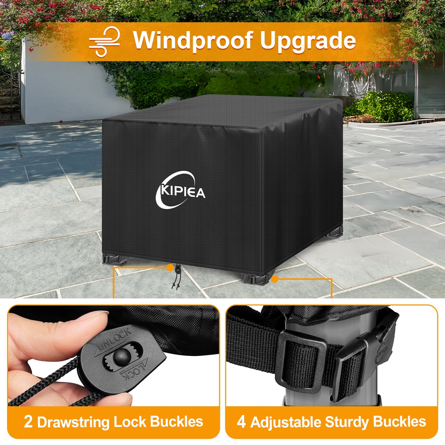 Kipiea Fire Table Covers, Waterproof Square Fire Pit Cover, Heavy Duty Outdoor Firepit Covers with Anti UV and No Tears, No Fading