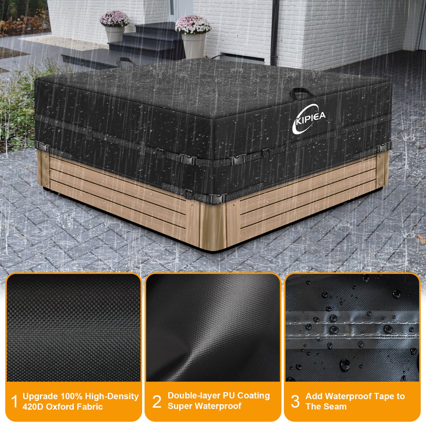 Kipiea 420D Waterproof Square Hot Tub Cover Protector, Heavy Duty Polyester SPA Cover UV Protection Cover for Hot Tub