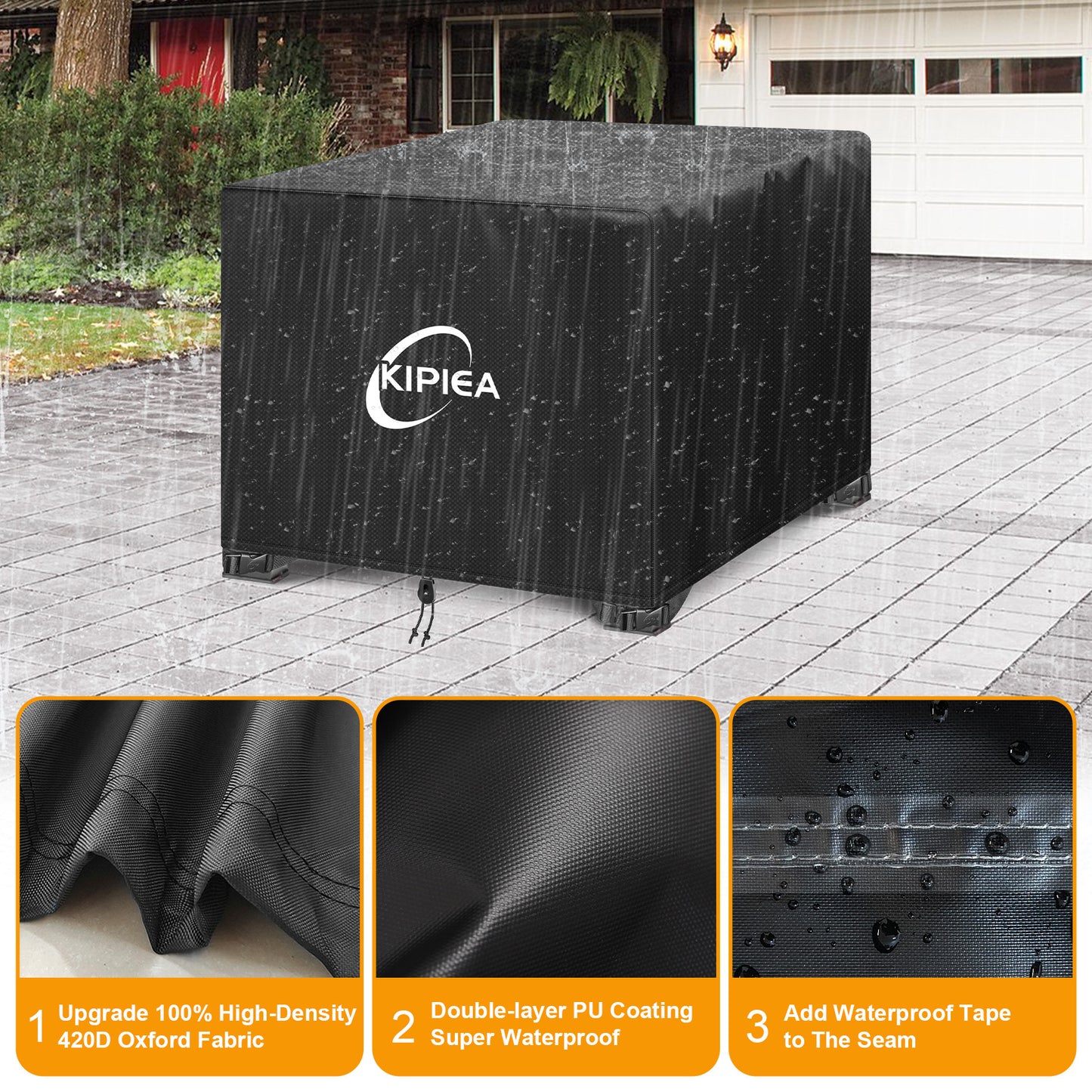 Kipiea Fire Table Covers, Waterproof Square Fire Pit Cover, Heavy Duty Outdoor Firepit Covers with Anti UV and No Tears, No Fading