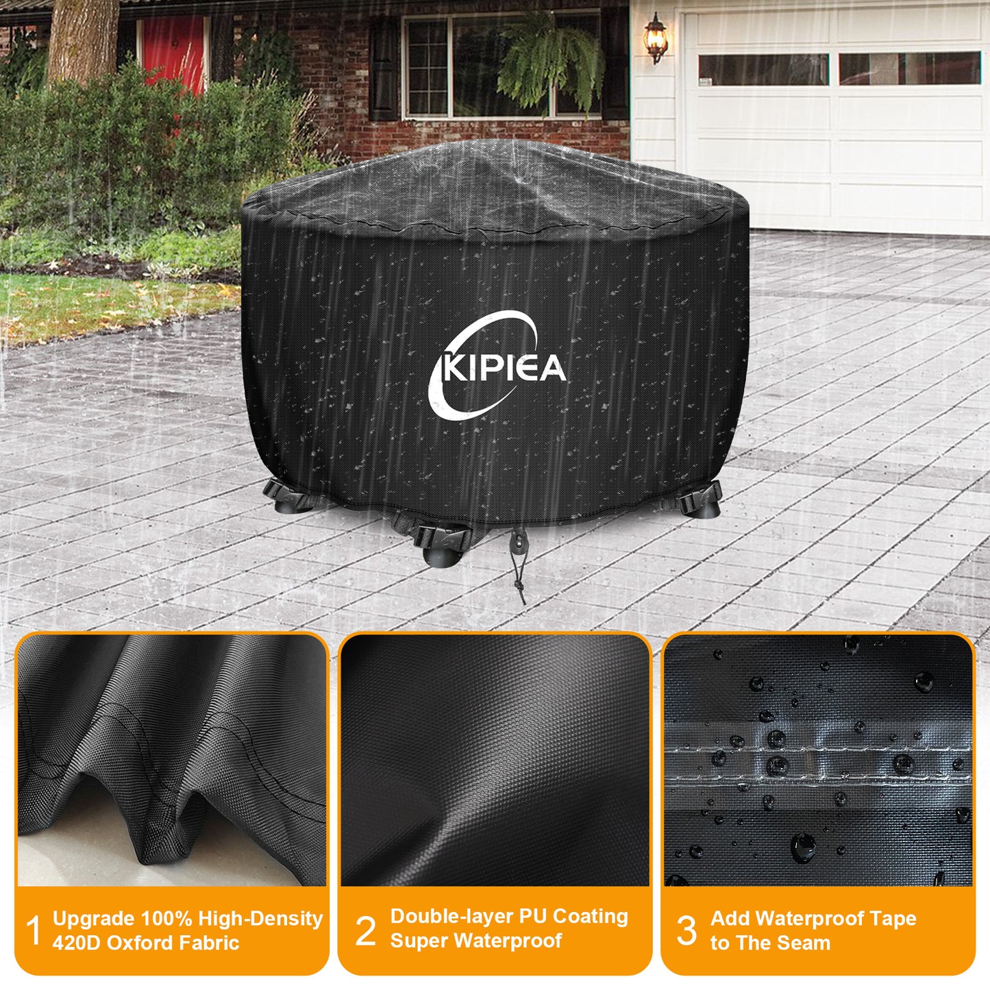 Kipiea Fire Table Cover, Waterproof Round Fire Pit Cover with Anti UV, Fits Outdoor Patio Fire Bowl and No Tears, No Fading - Black