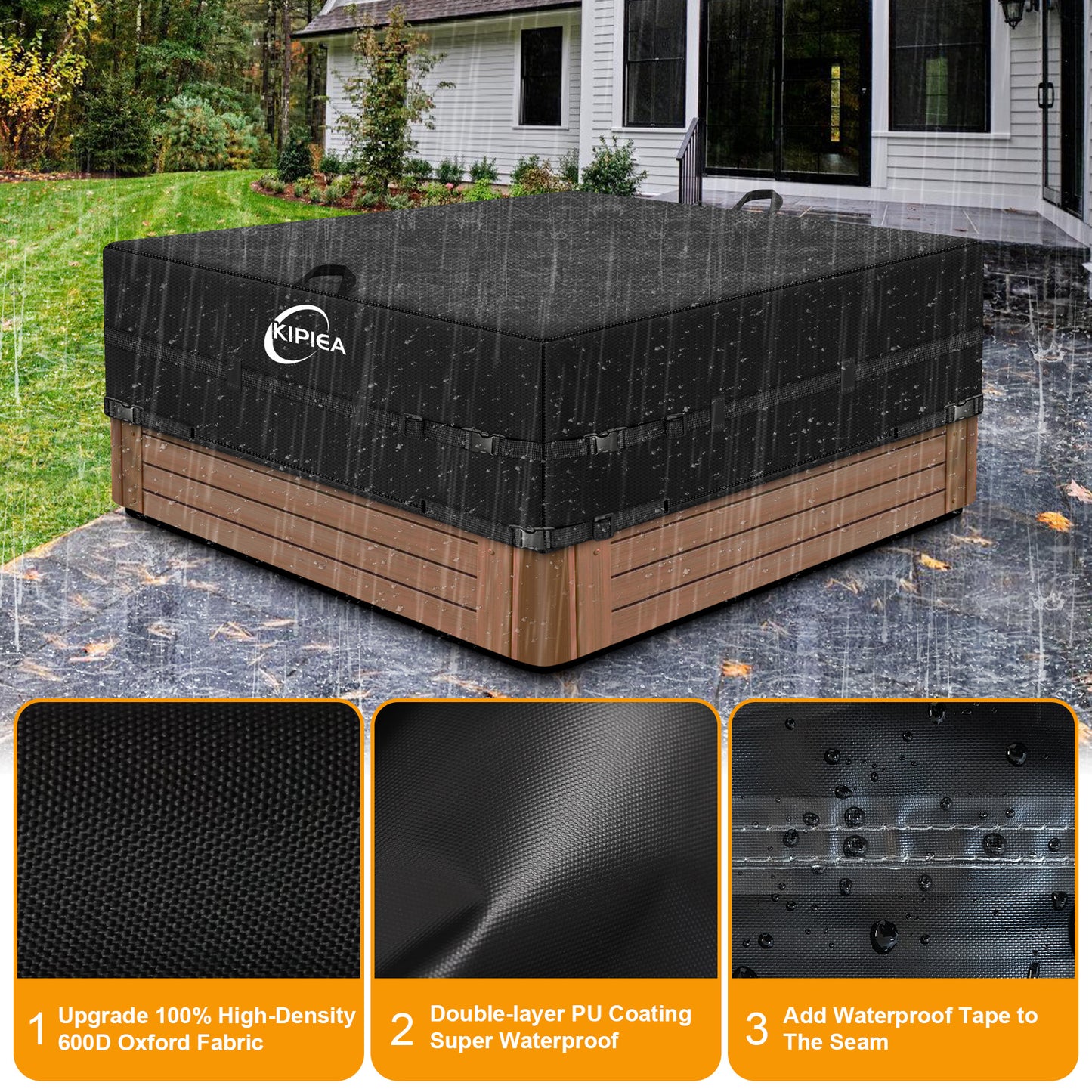 Kipiea 600D Outdoor Waterproof Square Hot Tub Cover Protector, Heavy Duty Polyester SPA Cover UV Protection Cover