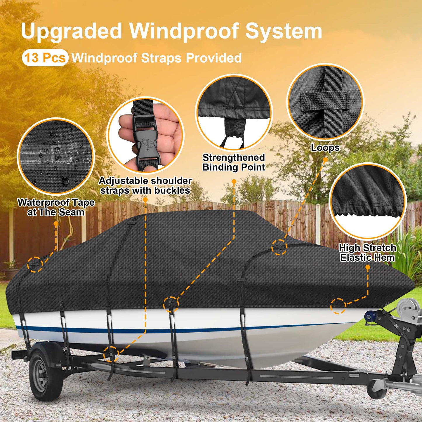 Kipiea 600D Trailerable Boat Cover - Fits V-Hull, Tri-Hull, Runabout Boat - UV Resistant, Waterproof Boat Cover with Storage Bag, Reinforced Windproof Side Straps