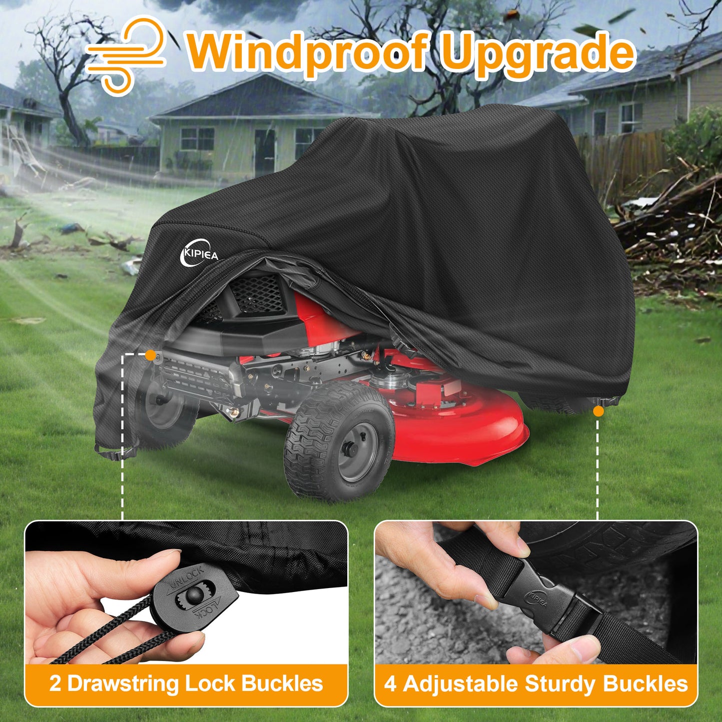 Kipiea Riding Lawn Mower Cover 600D Heavy Duty Lawn Tractor Cover Waterproof, Universal Fit with 4 Buckles, 2 Drawstrings and Storage Bag