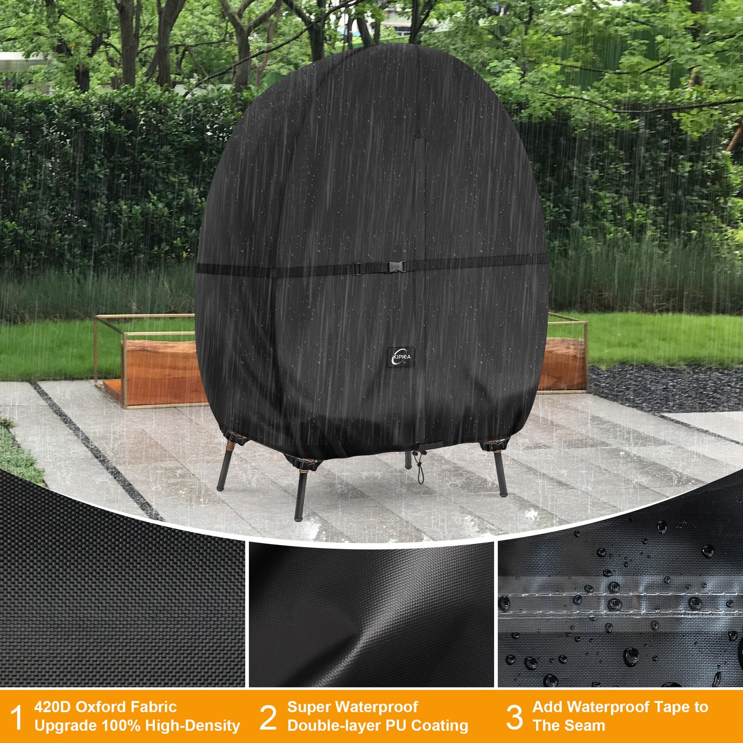 Kipiea Patio Egg Chair Covers Waterproof, Upgraded Outdoor Hanging Egg Chair Covers with Waterproof Zipper, 420D Heavy Duty Swing Chair Cover, Windproof, Anti-UV, No Tears