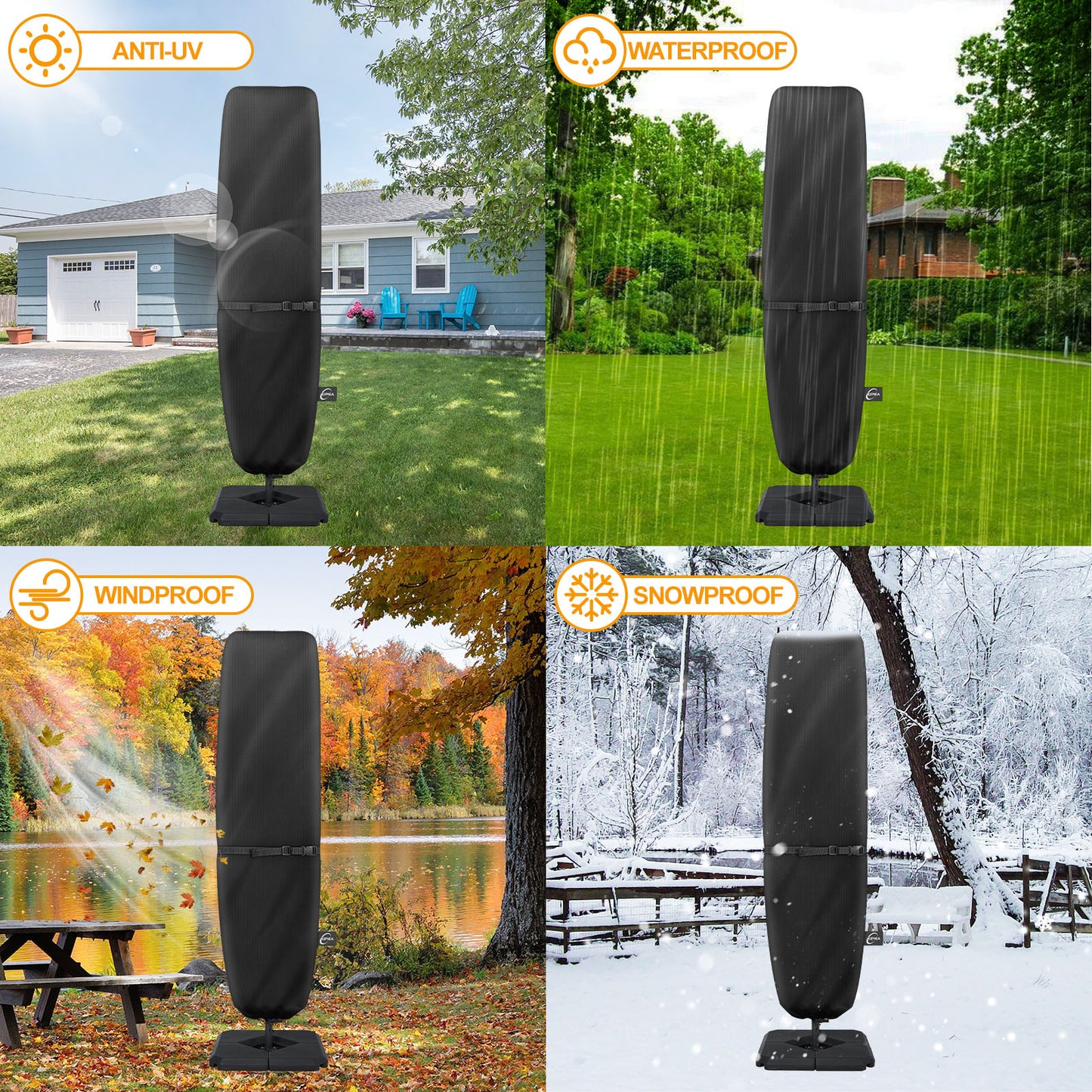 Kipiea Patio Umbrella Covers for 13'-15'Double-Sided Umbrella, Upgrade 500D Heavy Duty Outdoor Umbrellas Covers with Support Pole and Straps