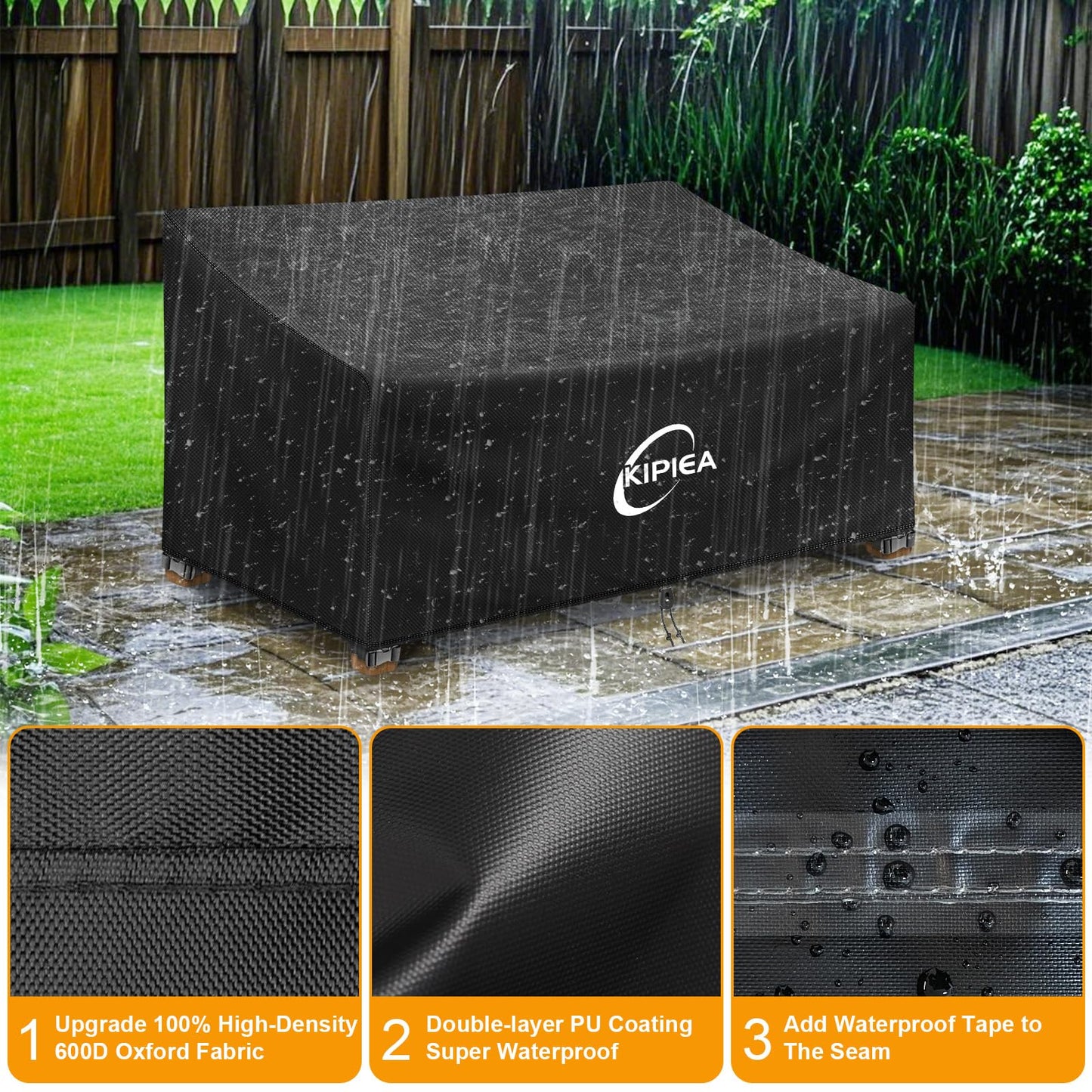 Kipiea Patio Sofa Cover, Heavy Duty 600D Outdoor Couch Cover Waterproof Winter, 2-Seat Patio Furniture Cover Loveseat, Outdoor Sofa Covers with Anti UV and No Tears, No Fading