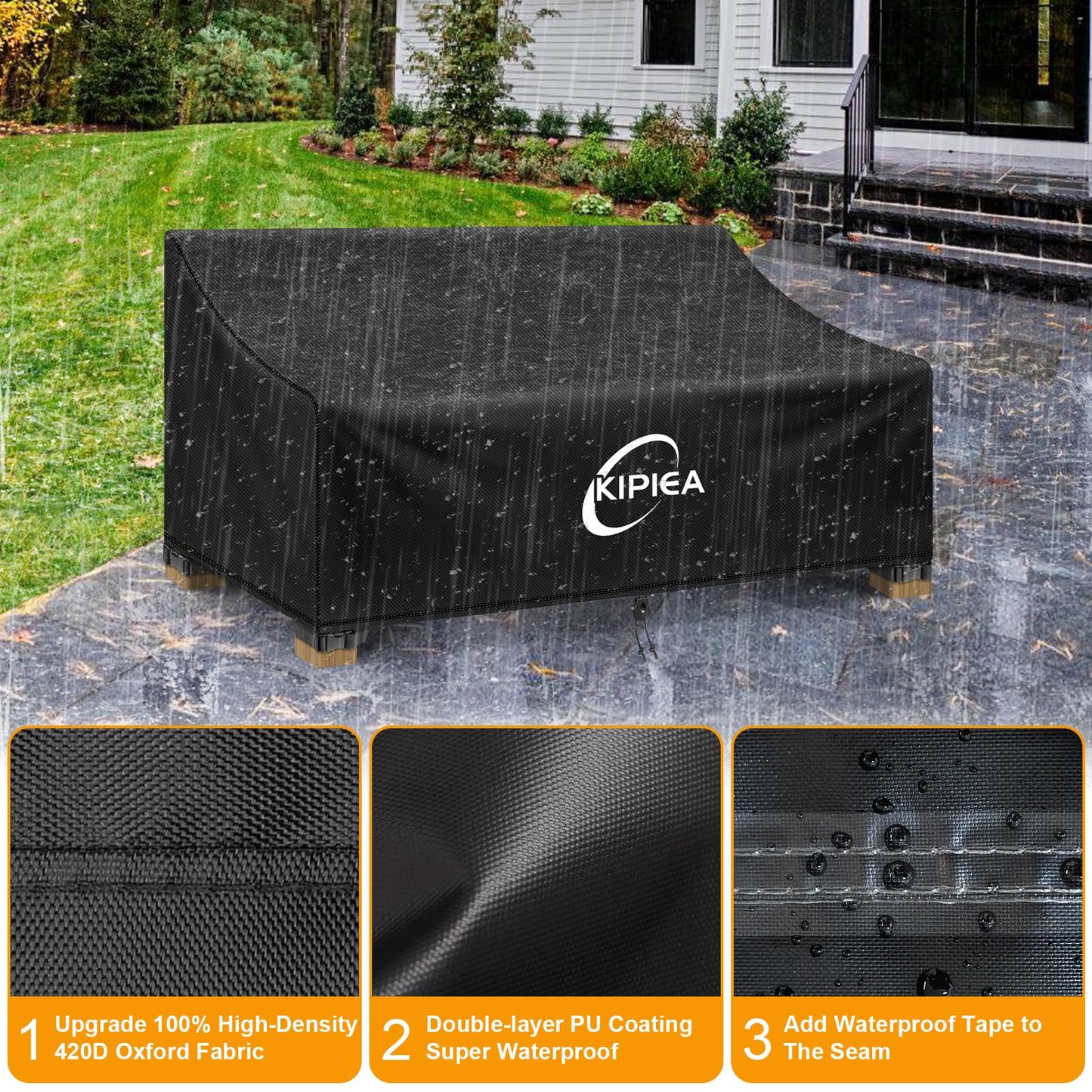 Kipiea Patio Sofa Cover Heavy Duty 420D Outdoor Couch Covers Waterproof Winter, 2-Seat Patio Furniture Cover Loveseat, Outdoor Sofa Covers with Anti UV and No Tears, No Fading