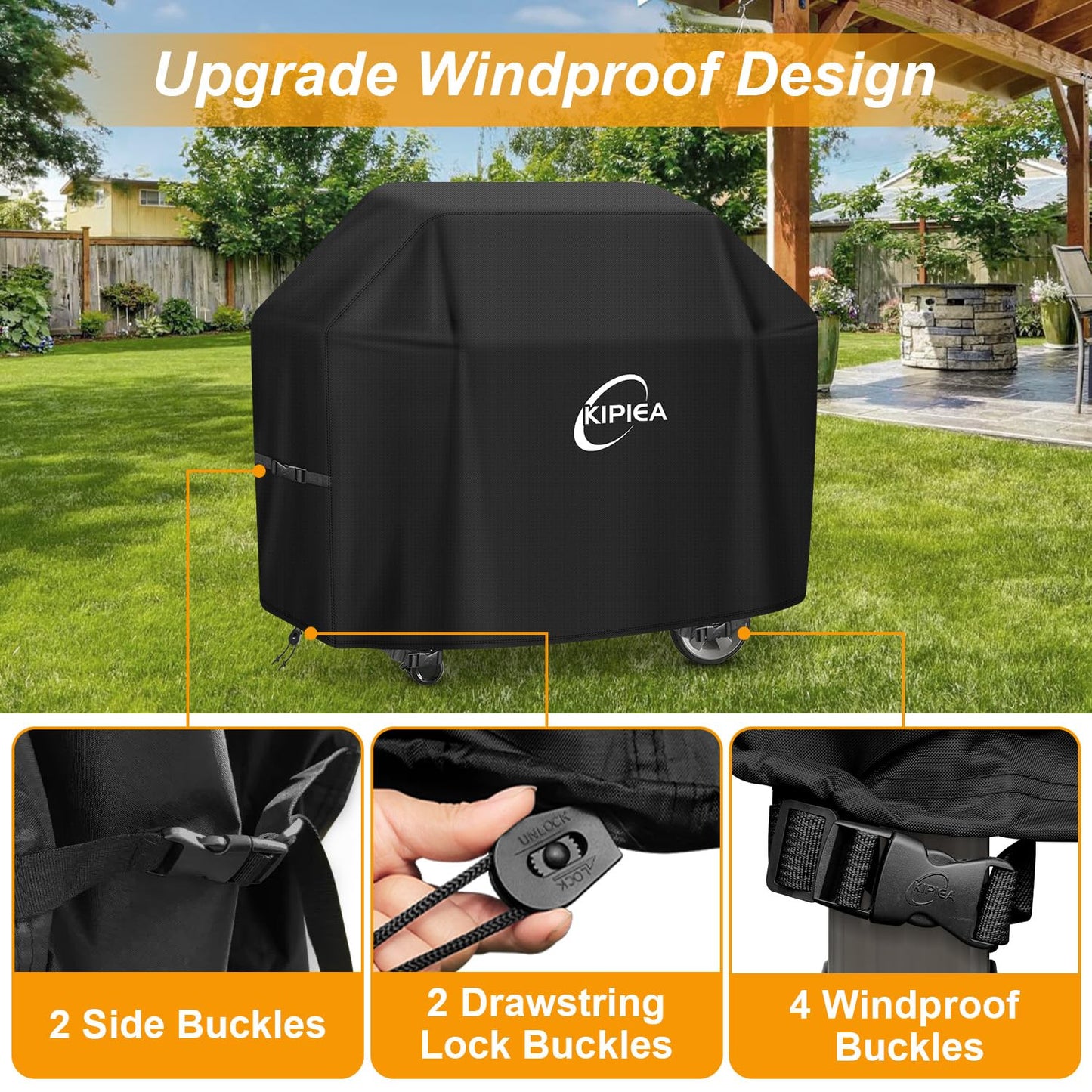 Kipiea 420D BBQ Covers, Heavy-Duty Barbecue Covers, Universal Gas Grill Covers with 4 Windproof Buckles, No Tears Anti UV No Fading