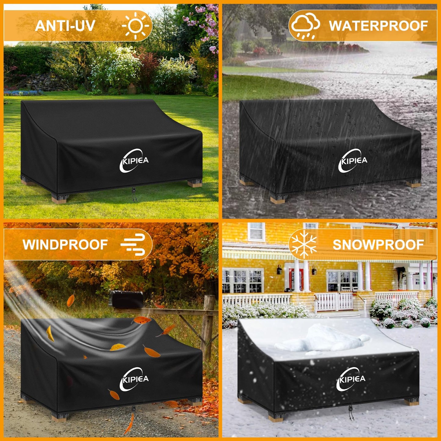 Kipiea Patio Sofa Cover Heavy Duty 420D Outdoor Couch Covers Waterproof Winter, 2-Seat Patio Furniture Cover Loveseat, Outdoor Sofa Covers with Anti UV and No Tears, No Fading