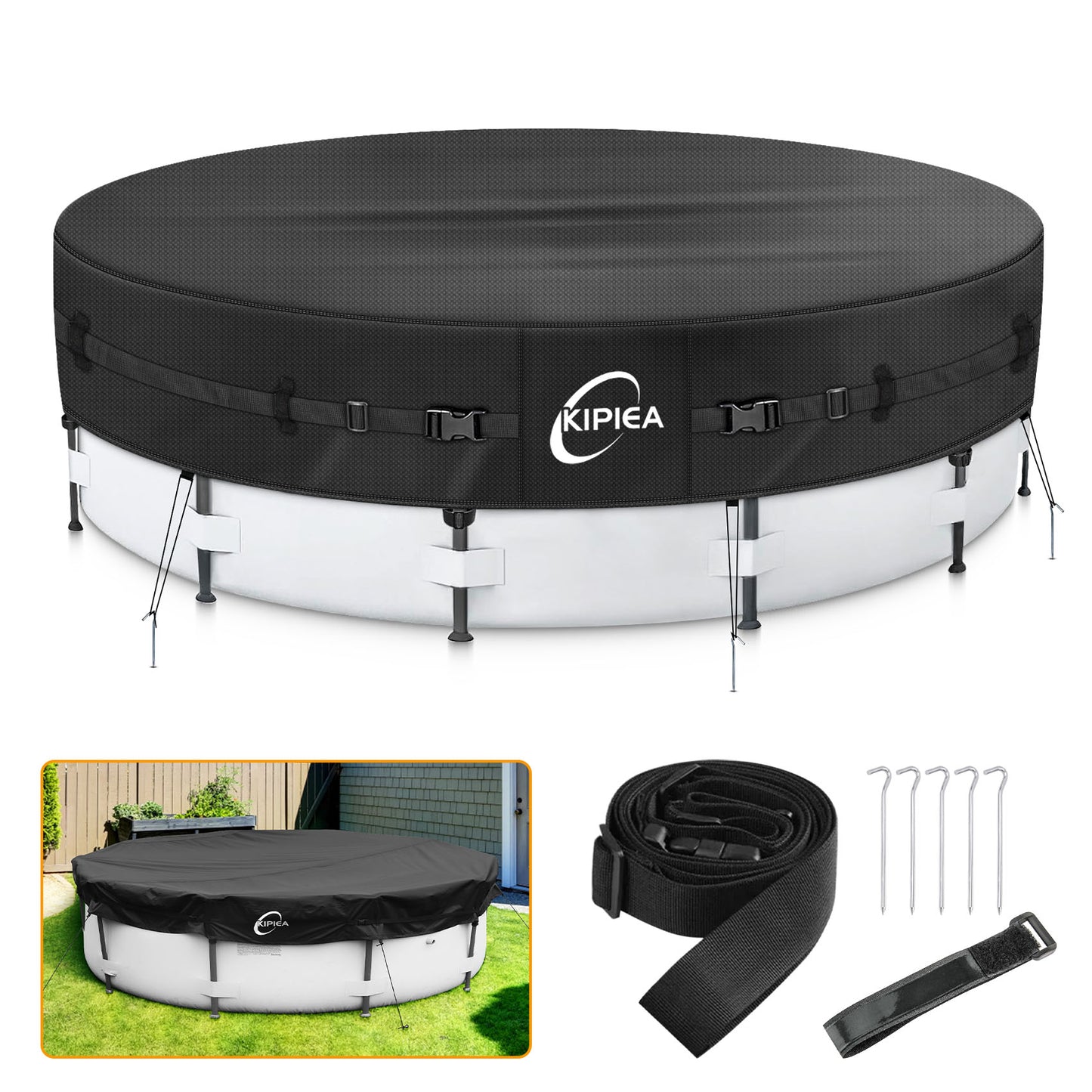 Kipiea 500D Above Ground Pool Cover with Full Surround Straps and 6 Wind-Resistant Buckles for Round Above Ground Pool Cover, Winter Pool Cover, Solar Pool Cover, etc.