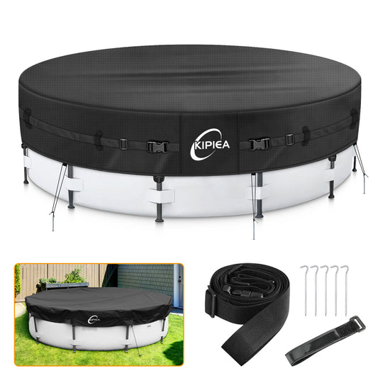 Kipiea 500D Above Ground Pool Cover with Full Surround Straps and 6 Wind-Resistant Buckles for Round Above Ground Pool Cover, Winter Pool Cover, Solar Pool Cover, etc.
