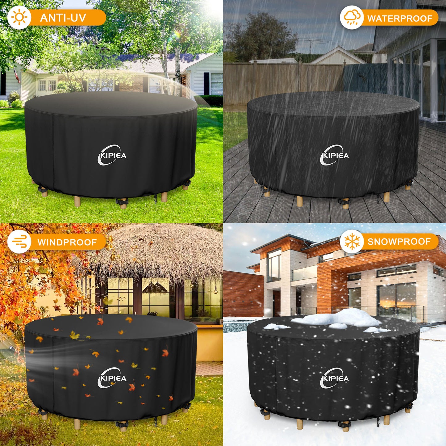 Kipiea Patio Table Cover, Round Patio Furniture Covers Waterproof Winter, 420D Heavy-Duty Outdoor Furniture Covers with Anti UV and No Tears, No Fading
