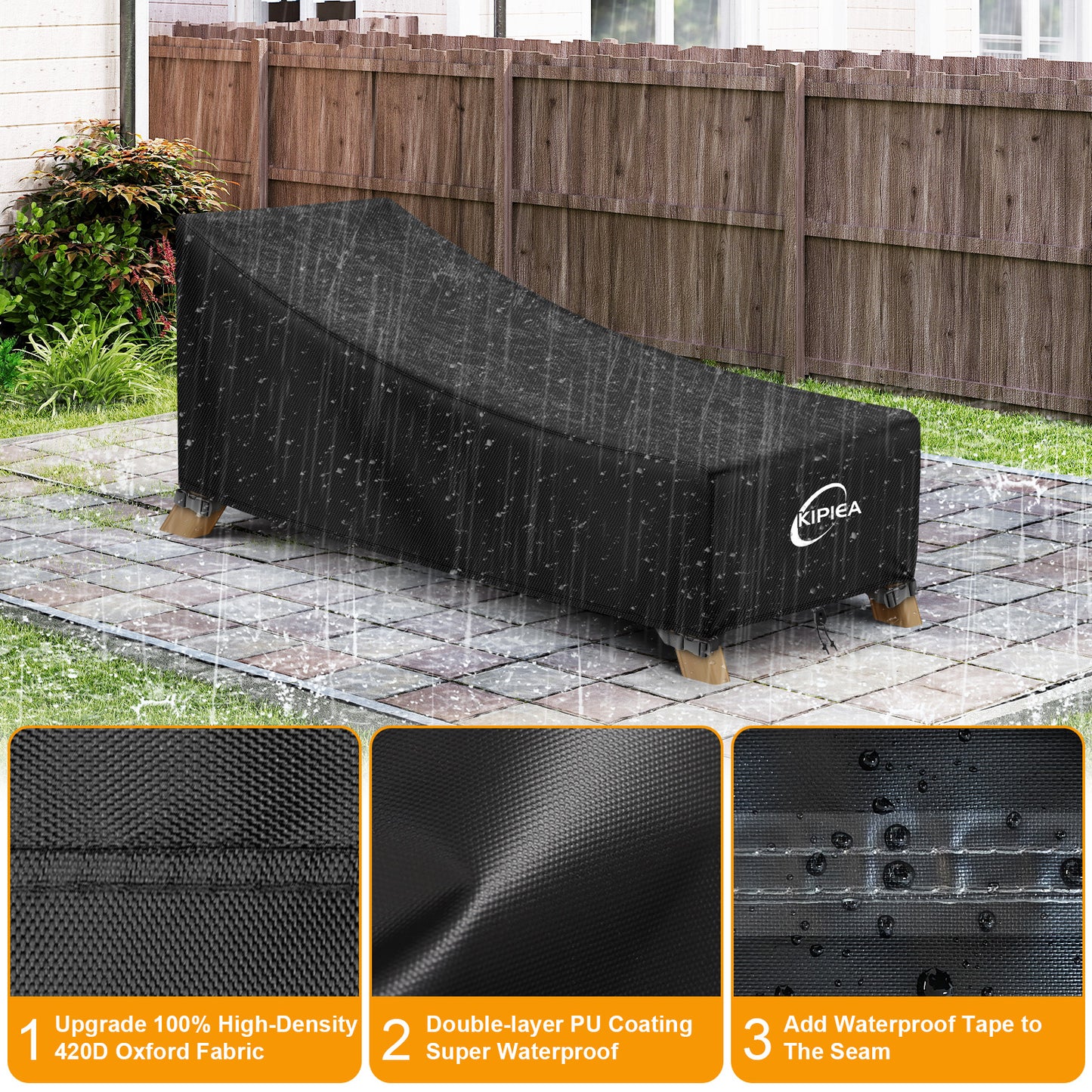 Kipiea Waterproof Patio Lounge Chair Covers for outdoor furniture, 420D Outdoor Chaise Lounge Cover with Anti UV and No Tears, No Fading