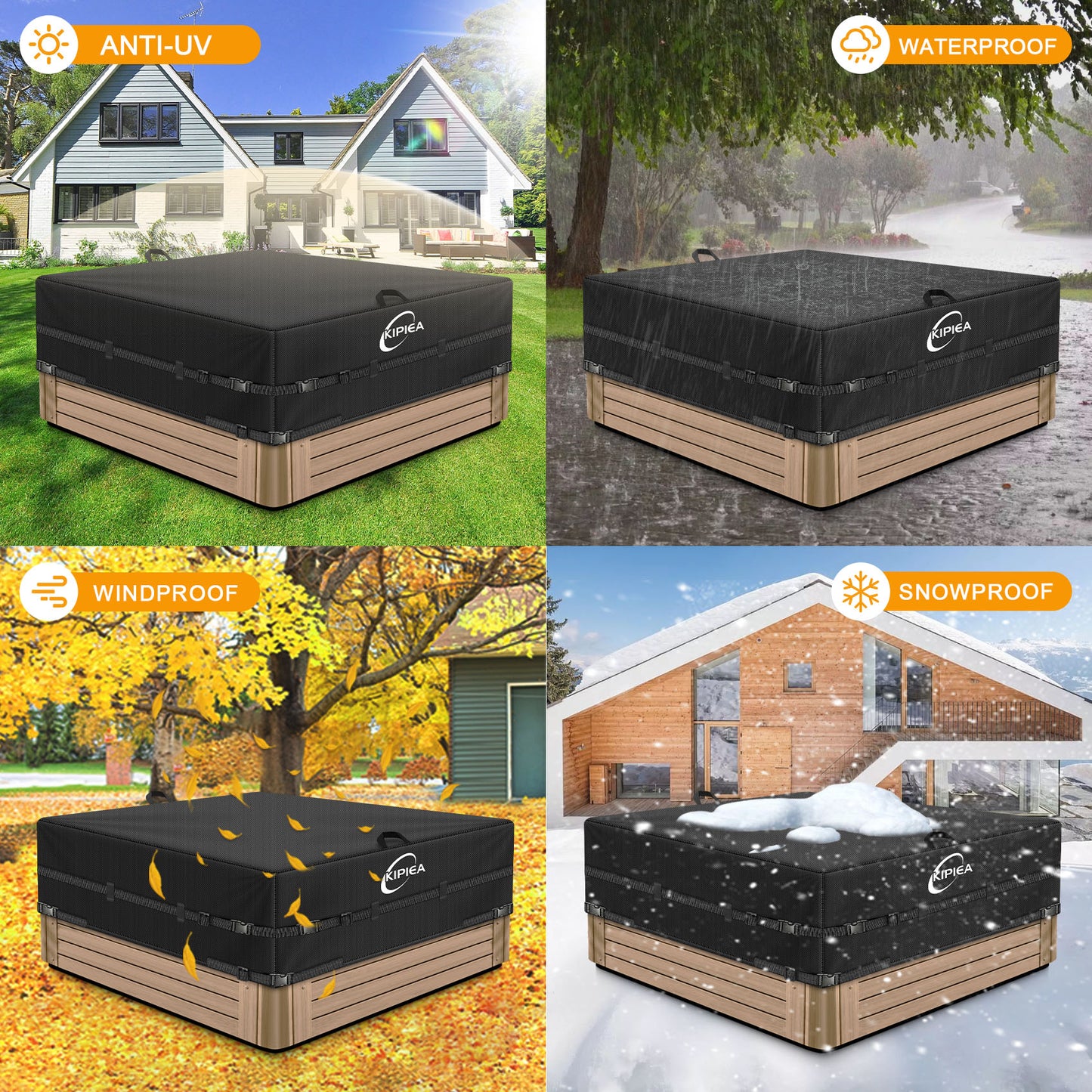 Kipiea 420D Waterproof Square Hot Tub Cover Protector, Heavy Duty Polyester SPA Cover UV Protection Cover for Hot Tub