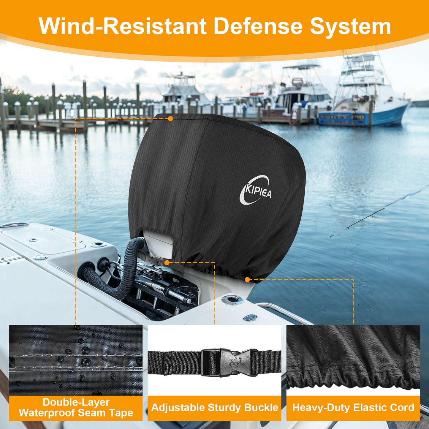Kipiea Outboard Motor Cover 900D Heavy Duty Waterproof, Anti UV, No Tears & No Fading, Boat Motor Cover Fit for Motor Black