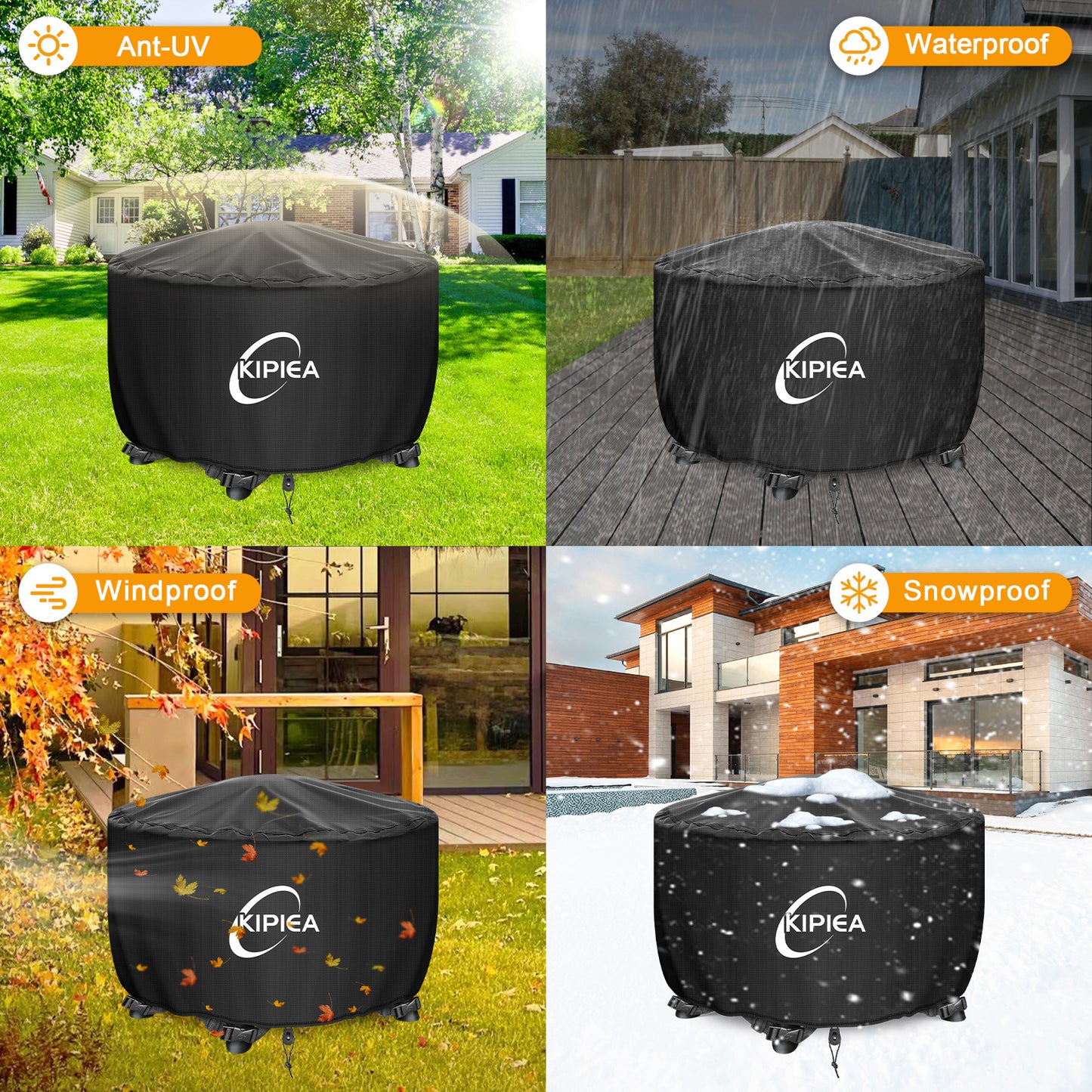 Kipiea Fire Table Cover, Waterproof Round Fire Pit Cover with Anti UV, Fits Outdoor Patio Fire Bowl and No Tears, No Fading - Black