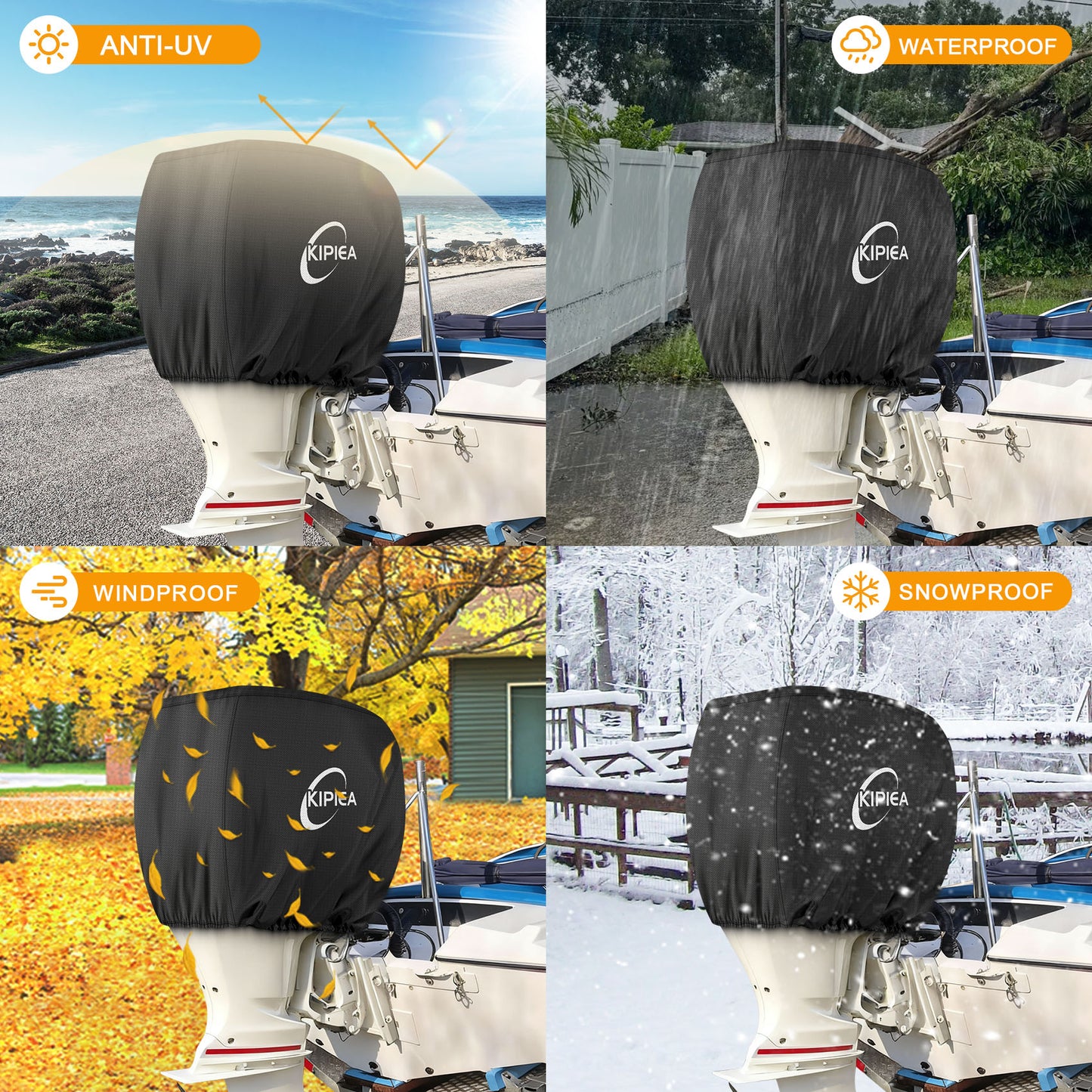 Kipiea Outboard Motor Cover 900D Heavy Duty Waterproof, Anti UV, No Tears & No Fading, Boat Motor Cover Fit for Motor Black