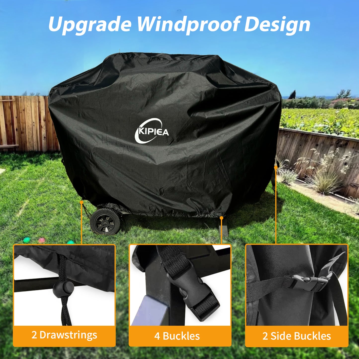 Kipiea Upgrade BBQ Covers, Heavy-Duty Barbecue Covers, Universal Gas Grill Covers with 4 Windproof Buckles, No Tears Anti UV No Fading