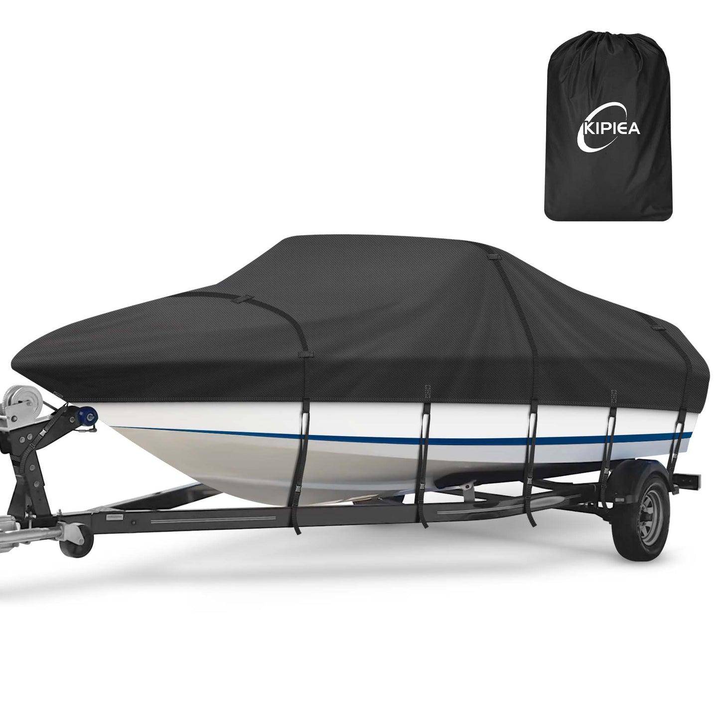 Kipiea 600D Trailerable Boat Cover - Fits V-Hull, Tri-Hull, Runabout Boat - UV Resistant, Waterproof Boat Cover with Storage Bag, Reinforced Windproof Side Straps