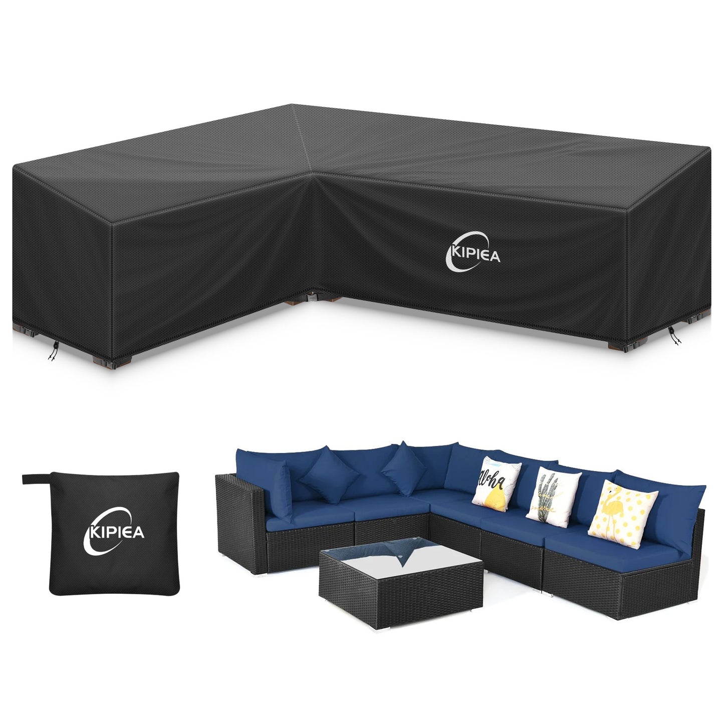 Kipiea 600D L-Shape Outdoor Patio Furniture Covers Waterproof, Outdoor Sectional Cover Windproof, Patio Sectional Sofa Cover Anti-UV, No Tears & No Fading