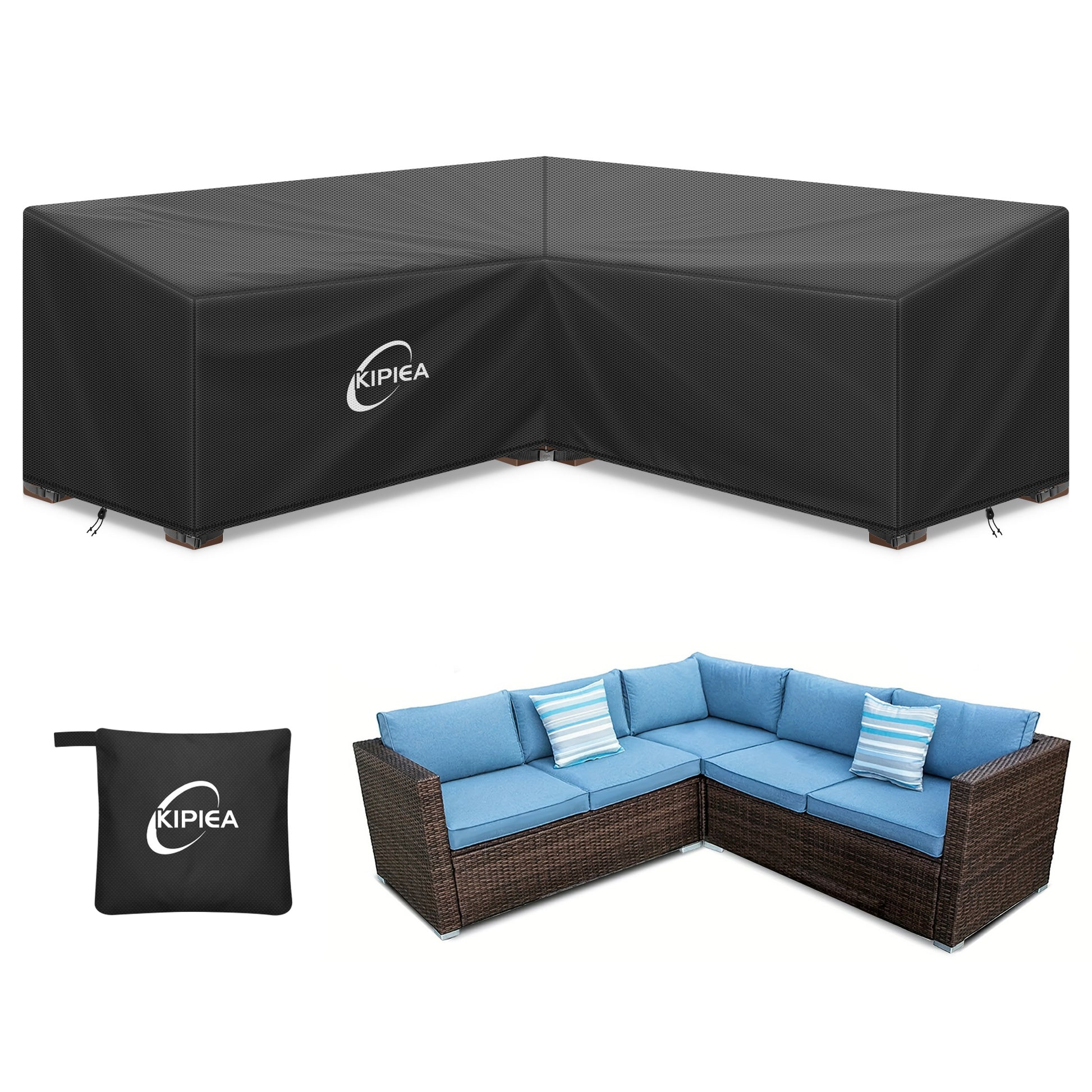 Kipiea 600D V-Shape Outdoor Patio Furniture Covers Waterproof, Outdoor Sectional Cover Windproof, Patio Sectional Sofa Cover Anti-UV, No Tears No