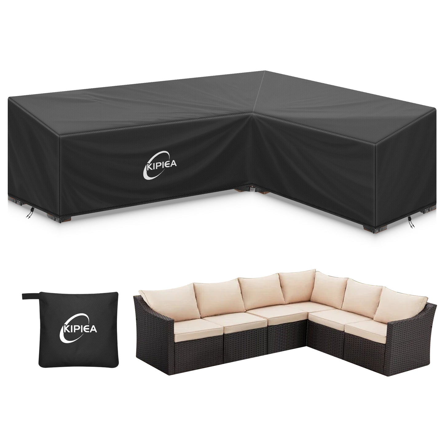 Kipiea 600D L-Shape Outdoor Patio Furniture Covers Waterproof, Outdoor Sectional Cover Windproof, Patio Sectional Sofa Cover Anti-UV, No Tears & No Fading