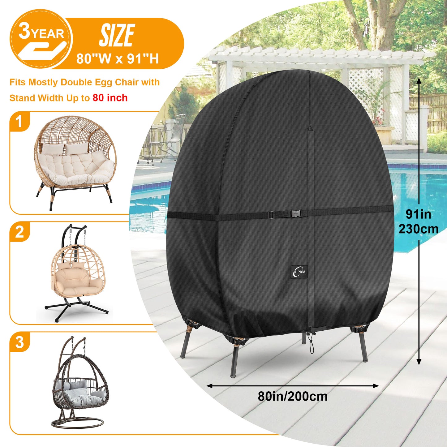 Kipiea Patio Egg Chair Covers Waterproof, Upgraded Outdoor Hanging Egg Chair Covers with Waterproof Zipper, 420D Double Seat Swing Egg Chair Cover, Windproof, Anti-UV, No Tears (Up to 80" W x 91" H)
