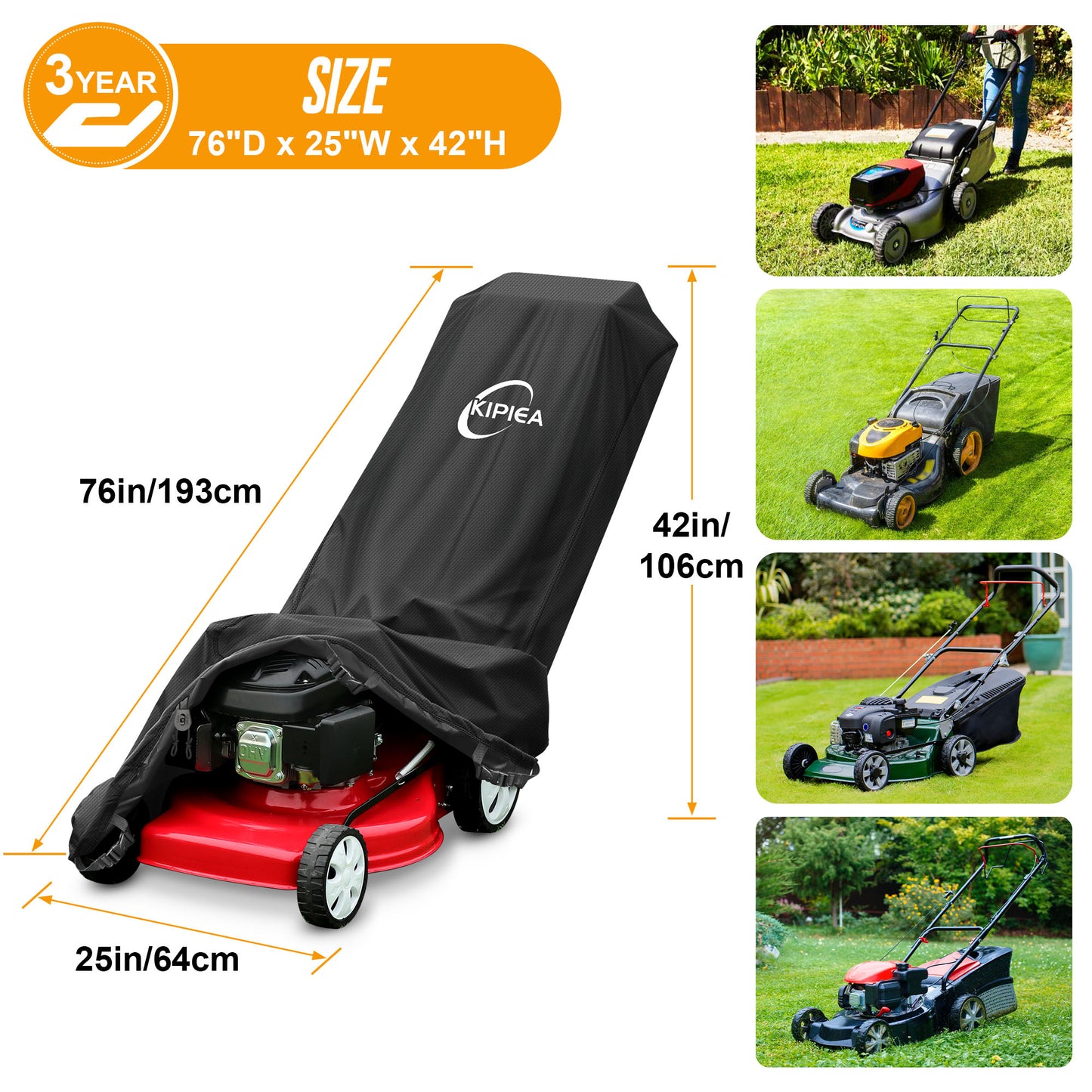 Kipiea 600D Heavy-Duty Waterproof Lawn Mower Cover – Universal Fit for Push Lawn Mowers, UV，Weather &Tear-Resistant, Includes 4 Buckles & 2 Drawstrings