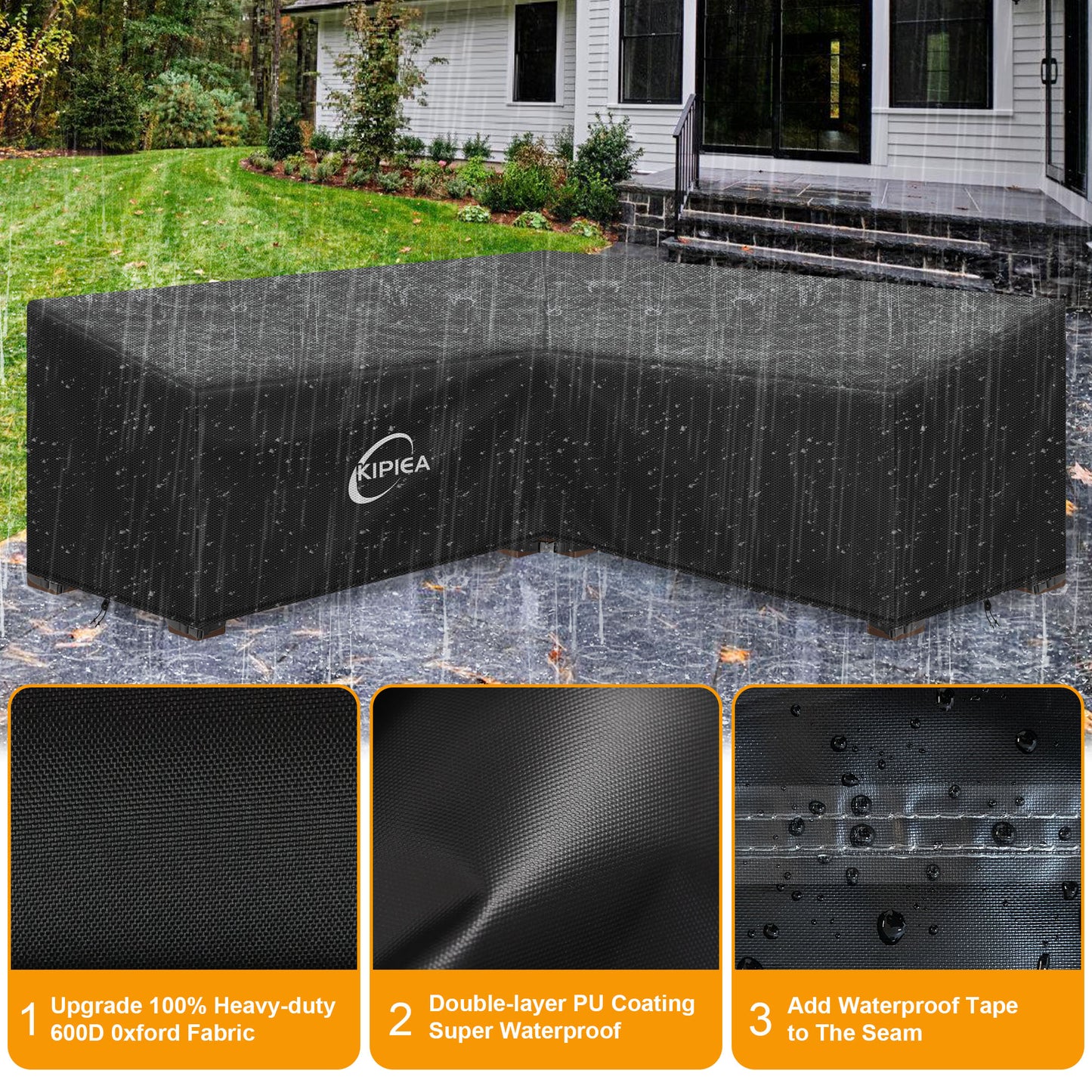 Kipiea 600D V-Shape Outdoor Patio Furniture Covers Waterproof, Outdoor Sectional Cover Windproof, Patio Sectional Sofa Cover Anti-UV, No Tears & No Fading