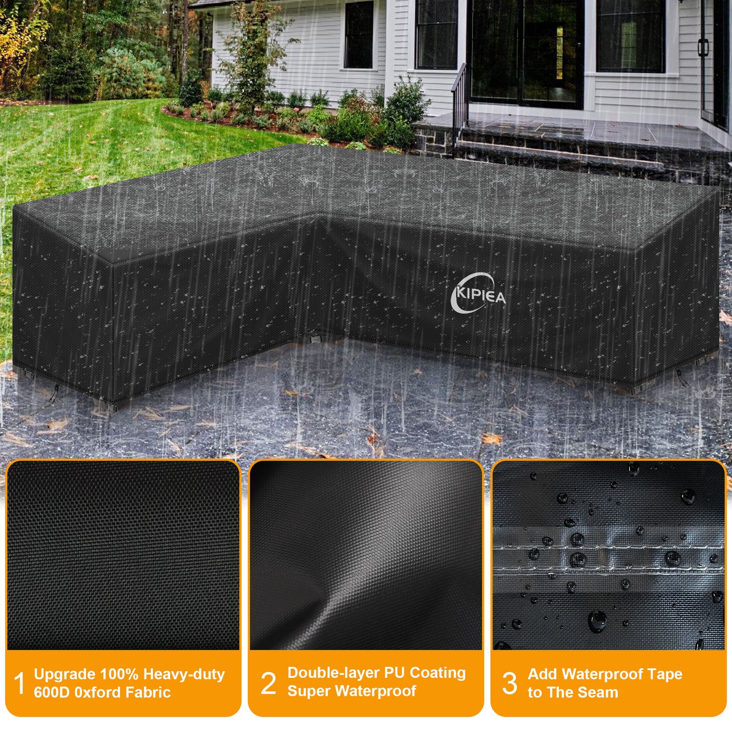 Kipiea 600D L-Shape Outdoor Patio Furniture Covers Waterproof, Outdoor Sectional Cover Windproof, Patio Sectional Sofa Cover Anti-UV, No Tears & No Fading