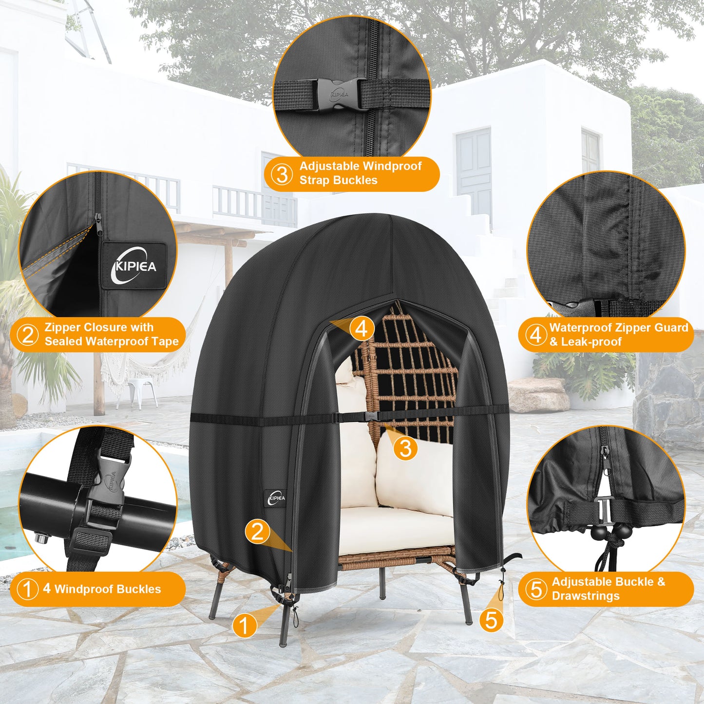 Kipiea Patio Egg Chair Covers Waterproof, Upgraded Outdoor Hanging Egg Chair Covers with Waterproof Zipper, 420D Double Seat Swing Egg Chair Cover, Windproof, Anti-UV, No Tears (Up to 80" W x 91" H)