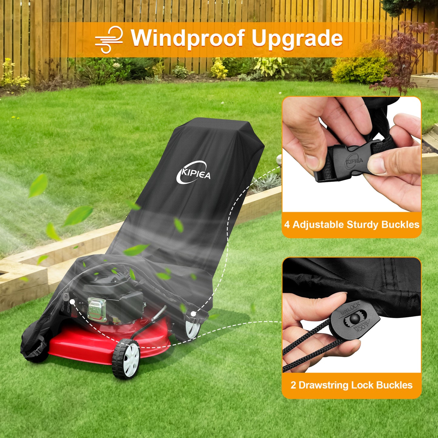 Kipiea 600D Heavy-Duty Waterproof Lawn Mower Cover – Universal Fit for Push Lawn Mowers, UV，Weather &Tear-Resistant, Includes 4 Buckles & 2 Drawstrings