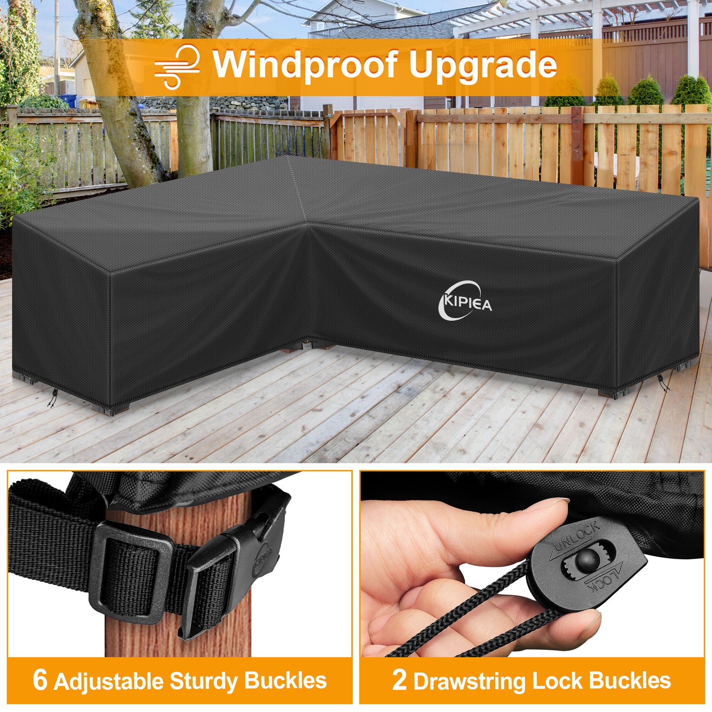 Kipiea 600D L-Shape Outdoor Patio Furniture Covers Waterproof, Outdoor Sectional Cover Windproof, Patio Sectional Sofa Cover Anti-UV, No Tears & No Fading