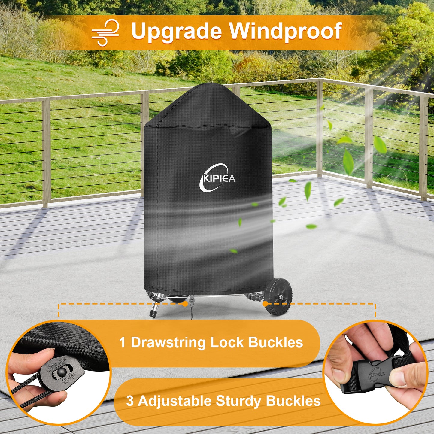 Kipiea 500D Grill Cover for Weber 26 Inch Charcoal Kettle, Heavy-Duty Oxford BBQ Grill Covers with 3 Buckles, Waterproof, Wind Resistant, Anti UV, No Tears