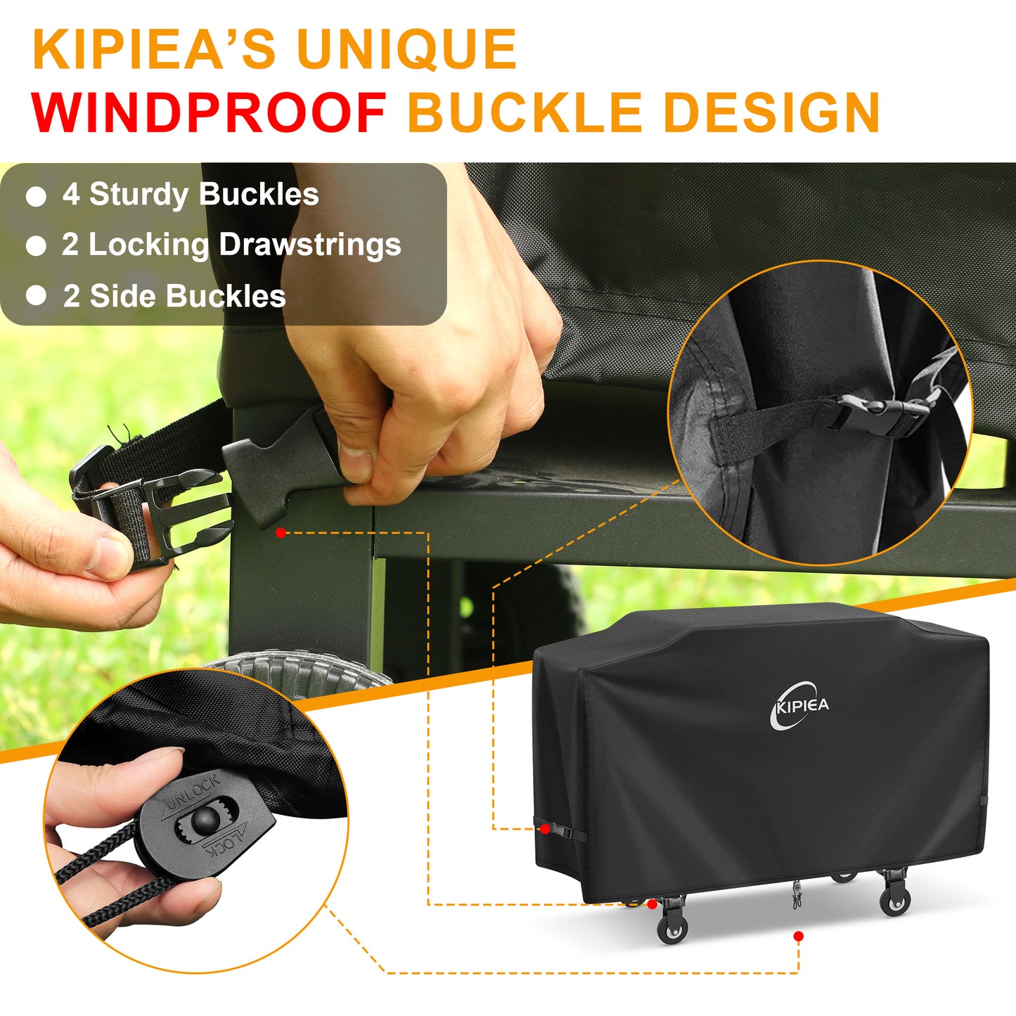 Kipiea Griddle Cover Compatible with Blackstone  Griddle Cooking Station with Hood, 600D Heavy Duty Waterproof Flat Top Grill Cover with 6 Windproof Buckles and 2 Drawstrings, Black