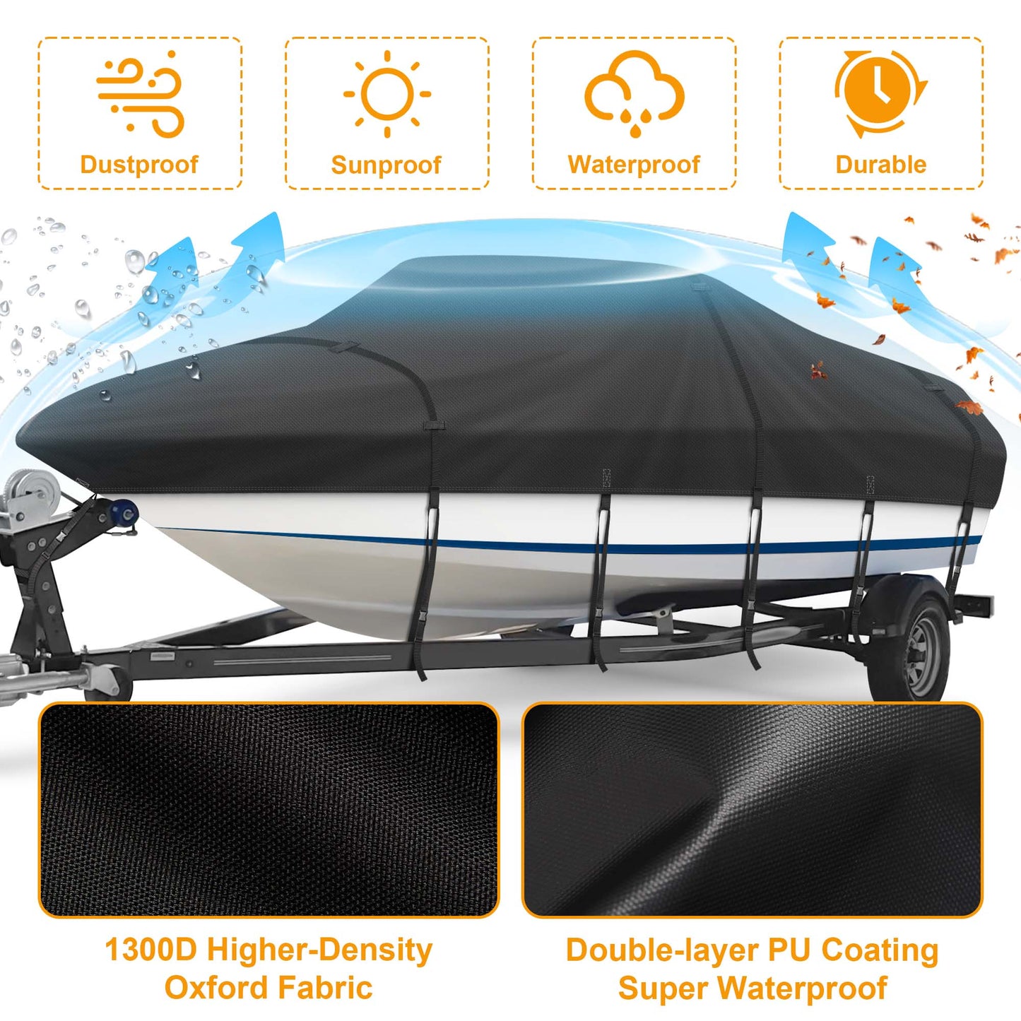 Kipiea 600D Trailerable Boat Cover - Fits V-Hull, Tri-Hull, Runabout Boat - UV Resistant, Waterproof Boat Cover with Storage Bag, Reinforced Windproof Side Straps