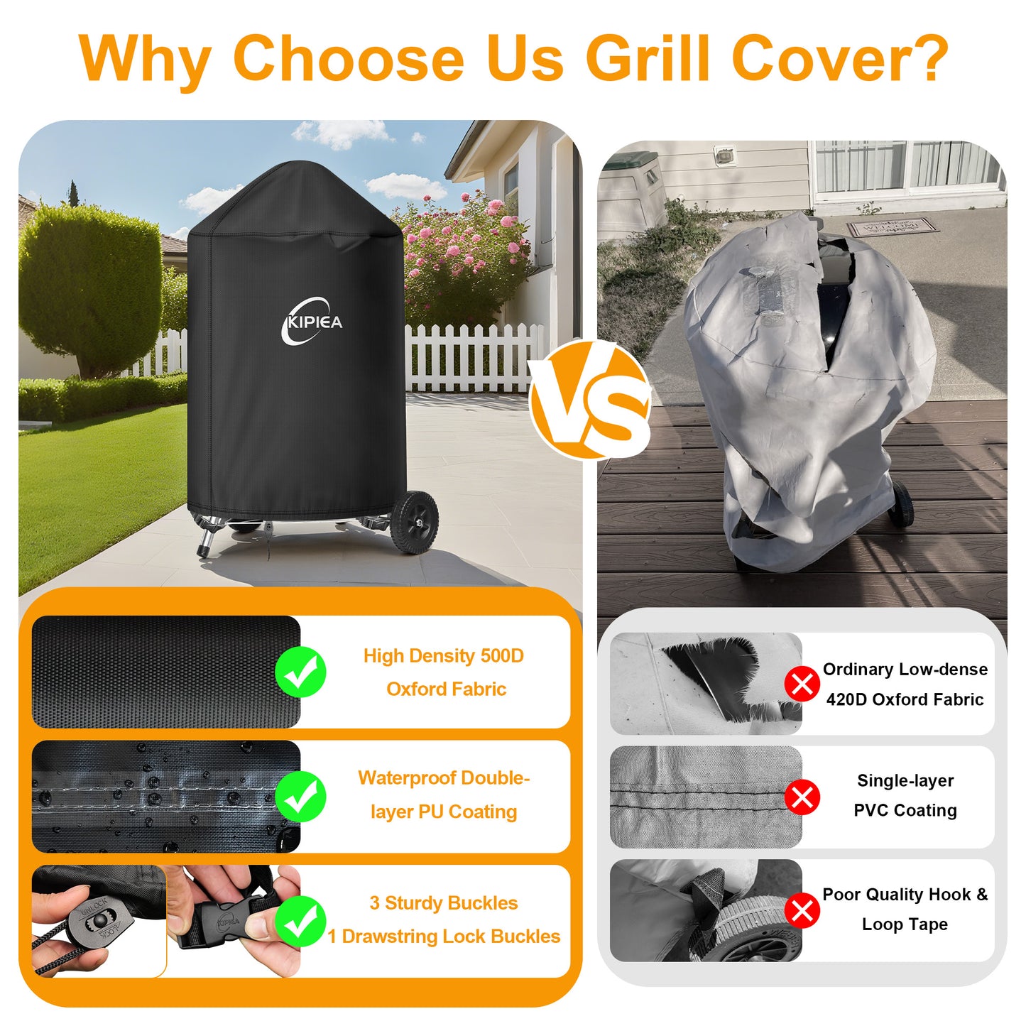 Kipiea 500D Grill Cover for Weber 26 Inch Charcoal Kettle, Heavy-Duty Oxford BBQ Grill Covers with 3 Buckles, Waterproof, Wind Resistant, Anti UV, No Tears