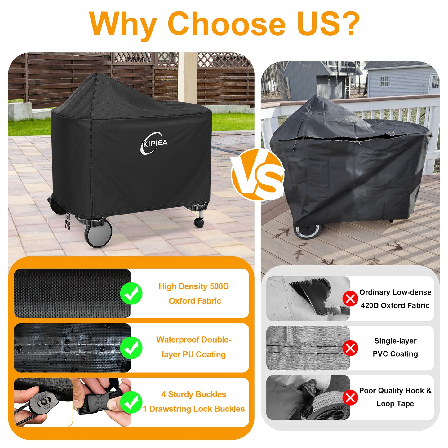 Kipiea 500D Heavy Duty Grill Cover for Weber 22 Inch Premium Charcoal - Performer Grill Cover with 4 Buckles, Wind Resistant Anti UV & No Tears