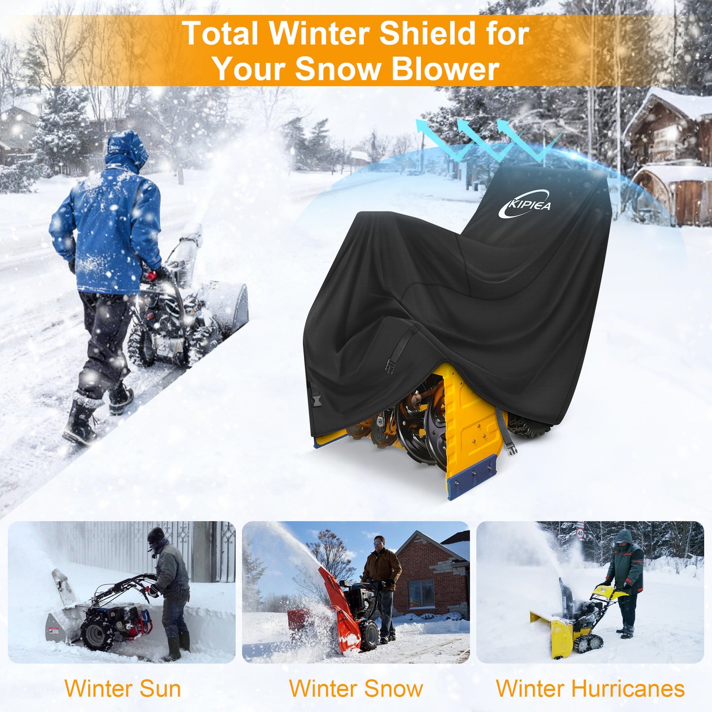 Kipiea Snow Blower Cover Waterproof Outdoor – 600D Heavy-Duty Snow Thrower Cover with Windproof Buckles and Drawstrings, Universal Fit for Most 20-28 Inch Snow Blowers