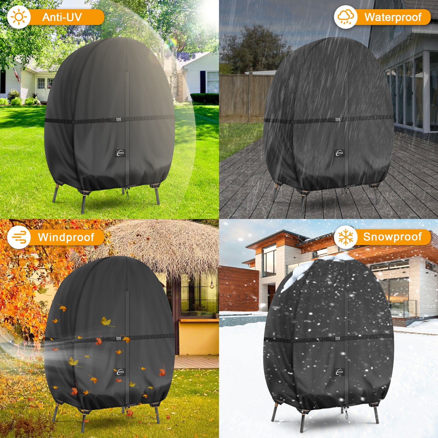 Kipiea Patio Egg Chair Covers Waterproof, Upgraded Outdoor Hanging Egg Chair Covers with Waterproof Zipper, 420D Double Seat Swing Egg Chair Cover, Windproof, Anti-UV, No Tears (Up to 80" W x 91" H)